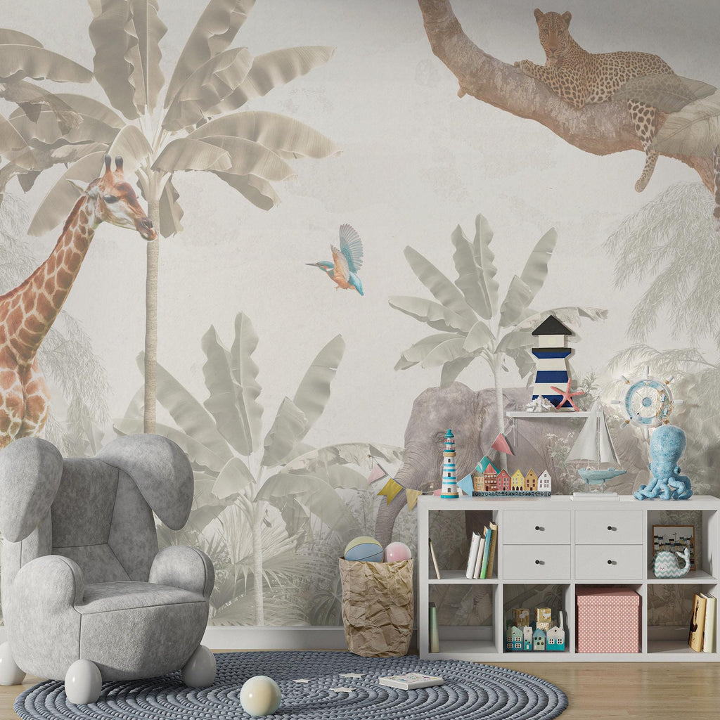 Safari Animals Wallpaper Mural: Peel and Stick Jungle Nursery - View 3