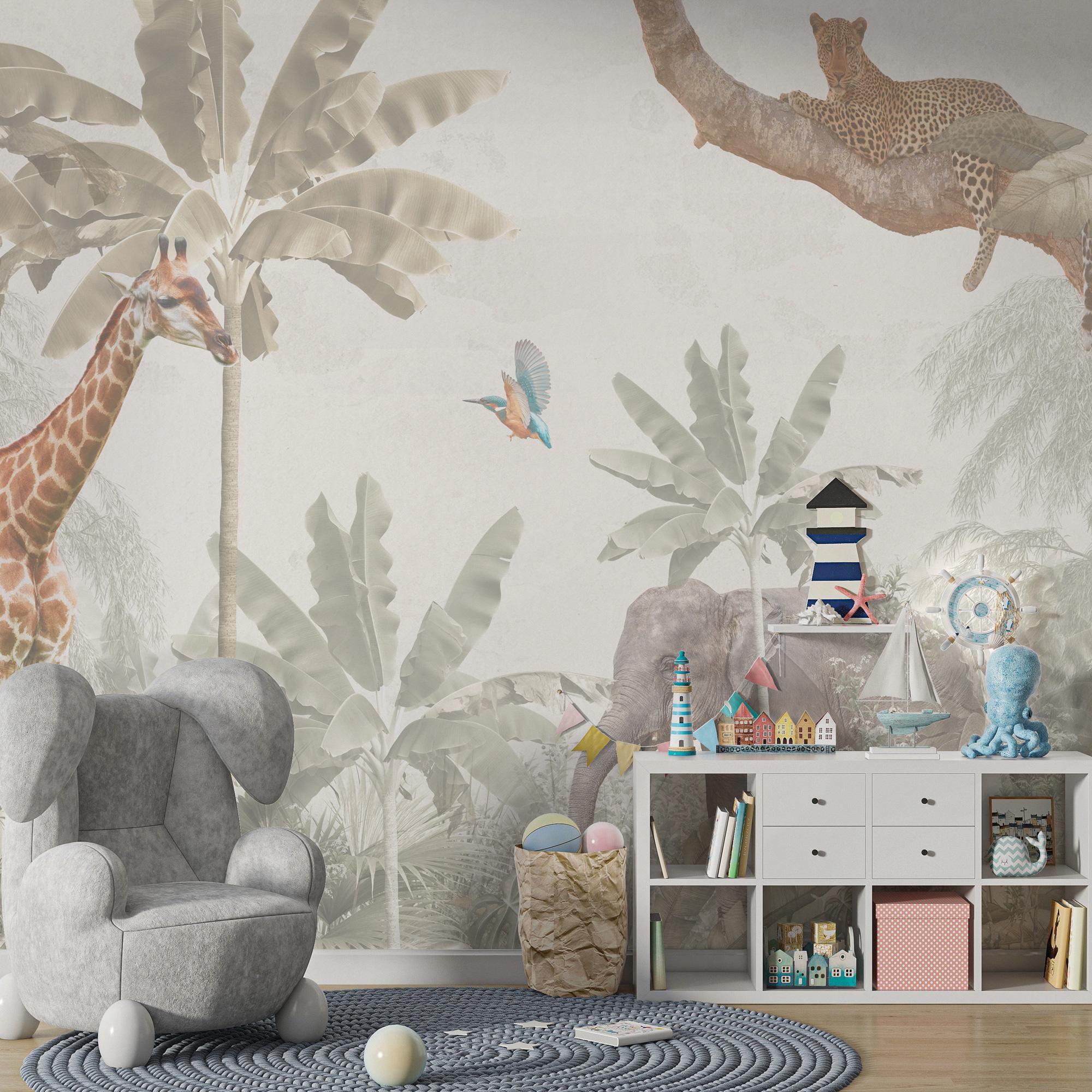 Safari Animals Wallpaper Mural: Peel and Stick Jungle Nursery - View 3