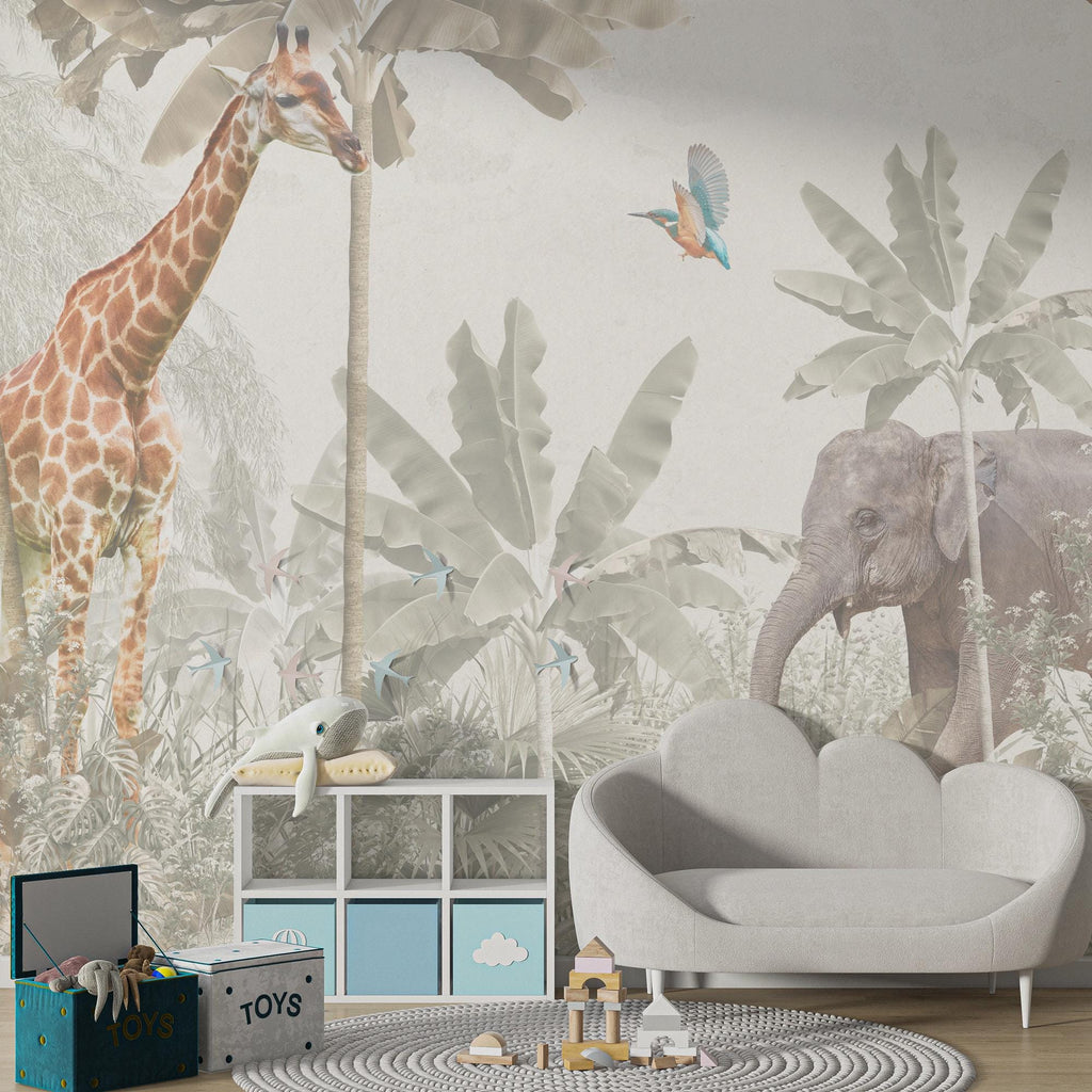 Safari Animals Wallpaper Mural: Peel and Stick Jungle Nursery