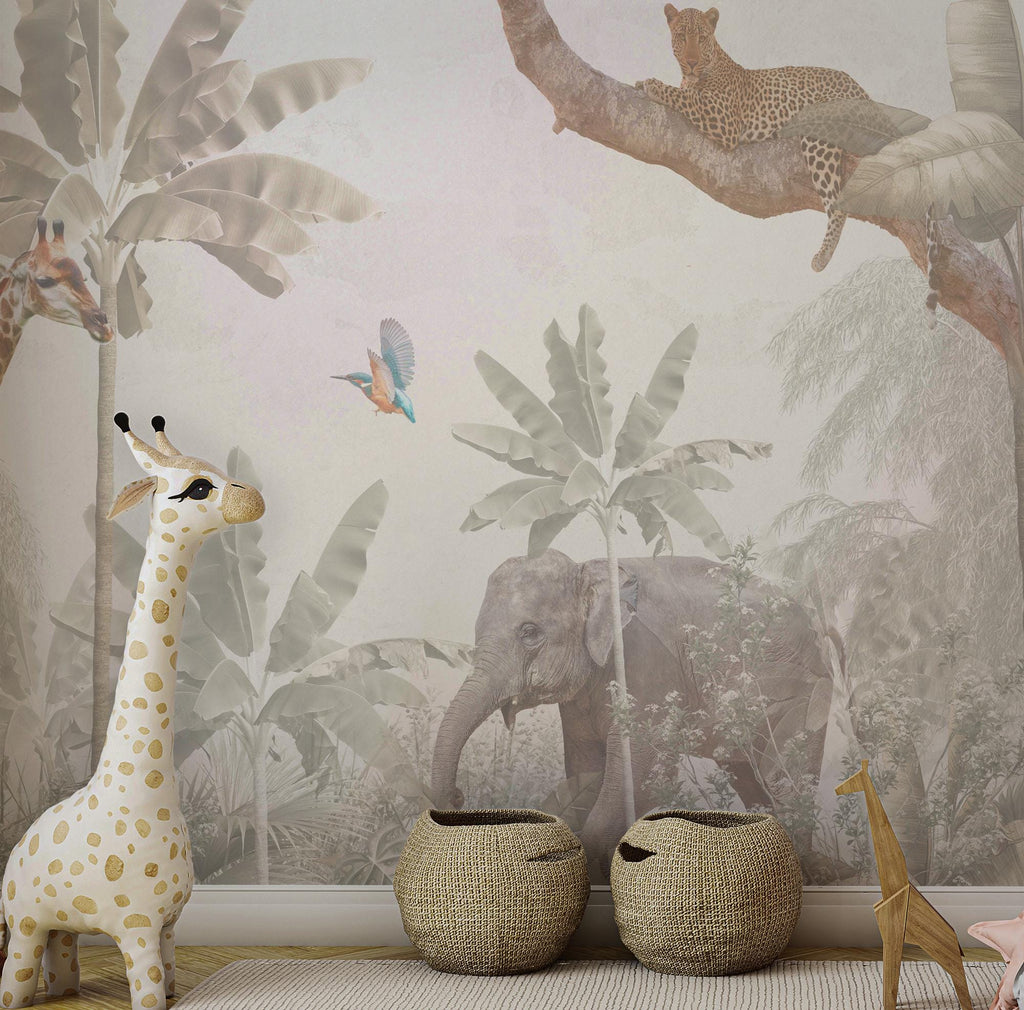 Safari Animals Wallpaper Mural: Peel and Stick Jungle Nursery - View 5