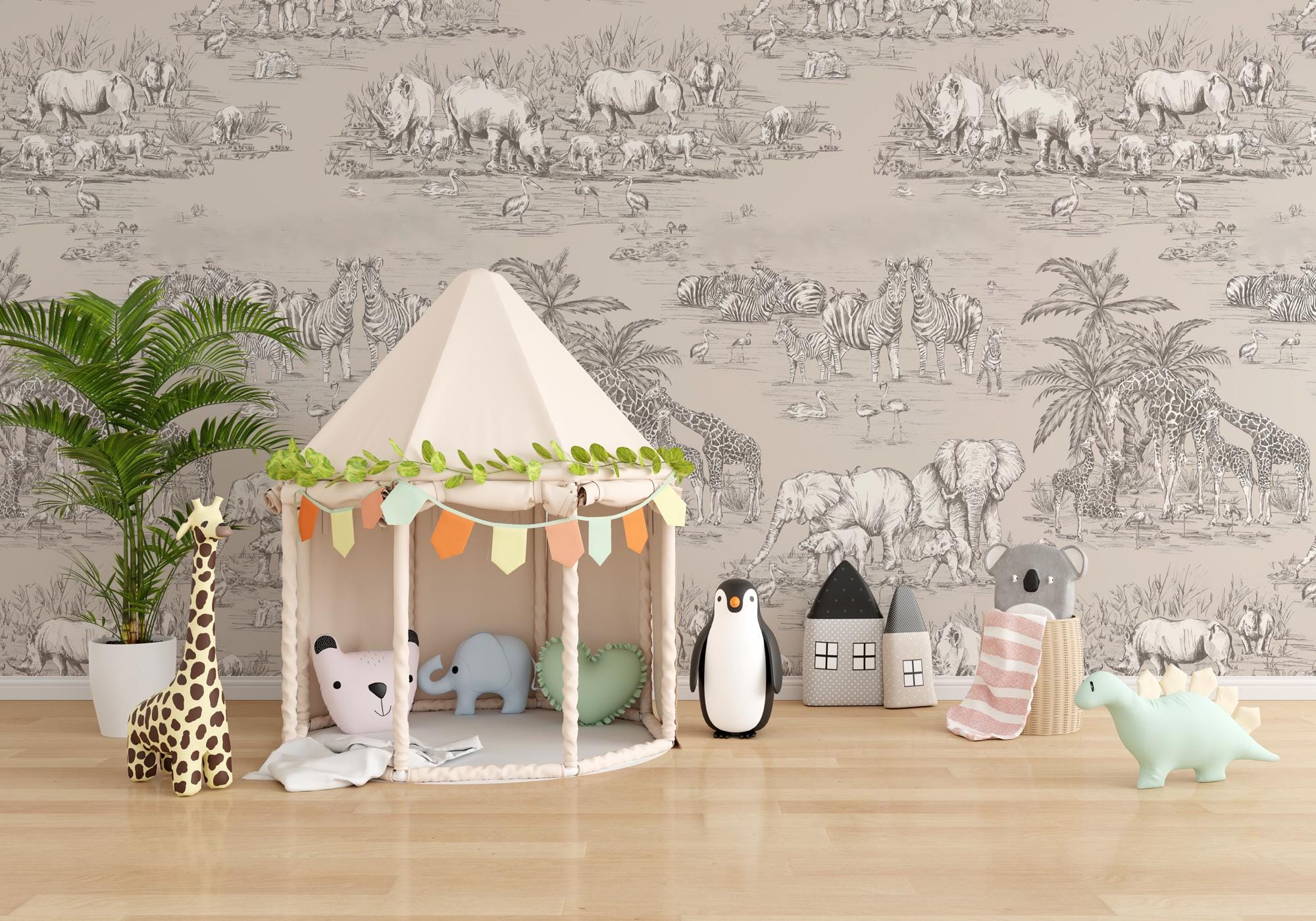 Safari Pattern Wallpaper: Neutral Jungle Mural, Kids Room Decor - View 3