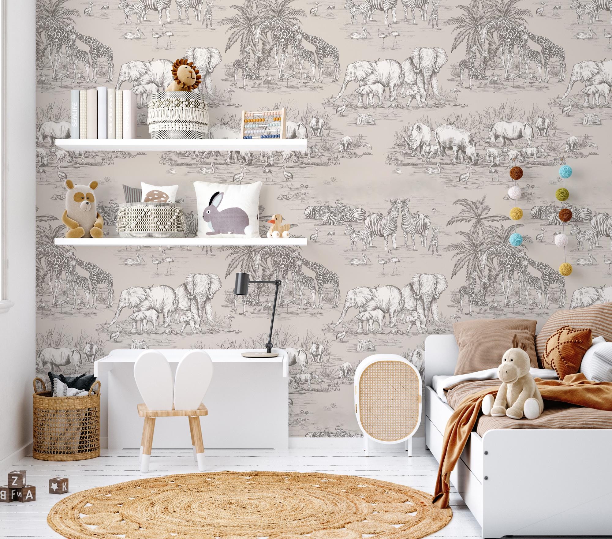 Safari Pattern Wallpaper: Neutral Jungle Mural, Kids Room Decor - View 4