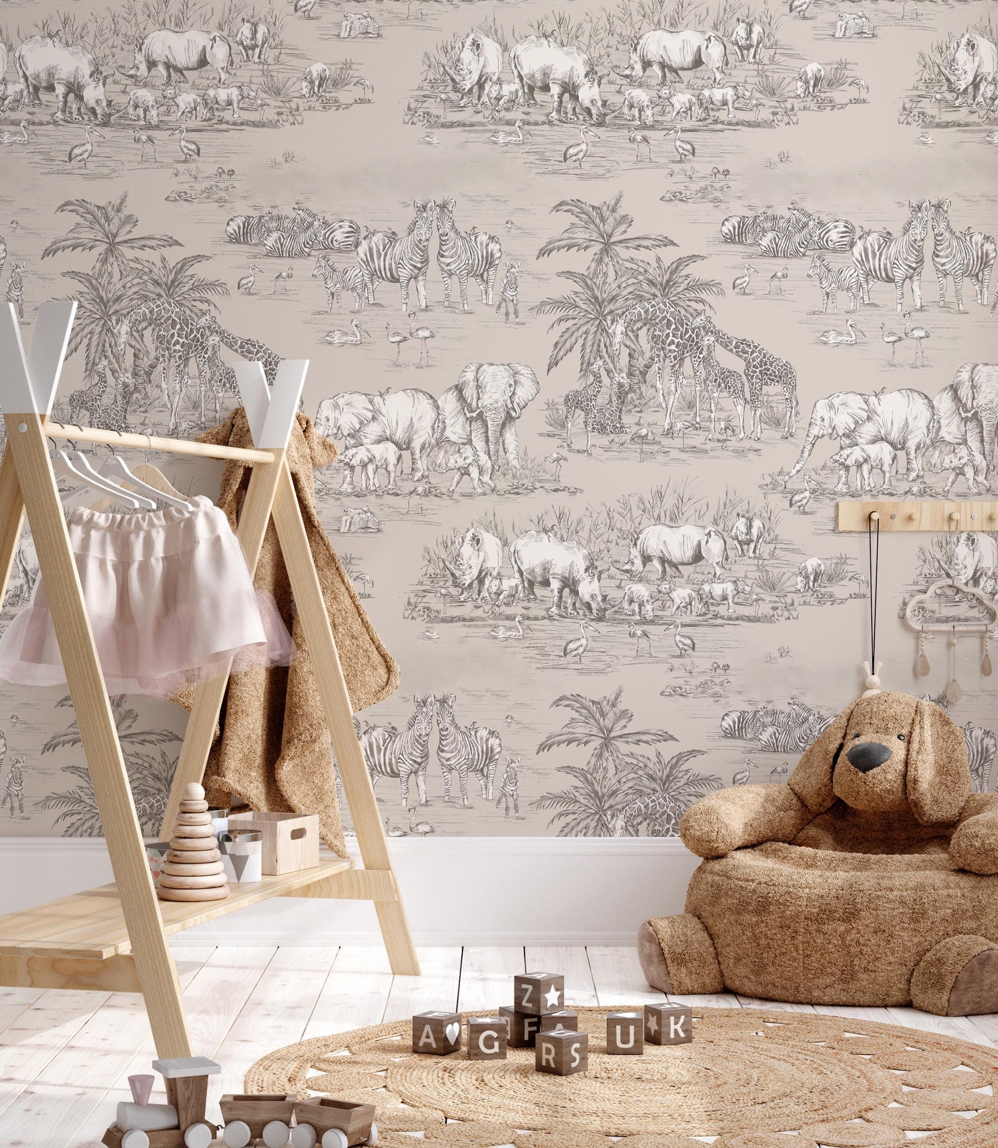 Safari Pattern Wallpaper: Neutral Jungle Mural, Kids Room Decor - View 2