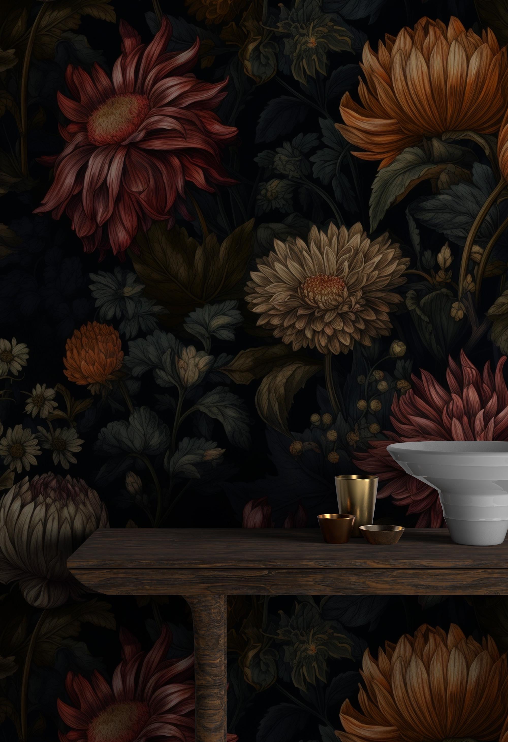 Dark Floral Wallpaper Mural: Abstract Peony, Bold Boho Decor - View 7
