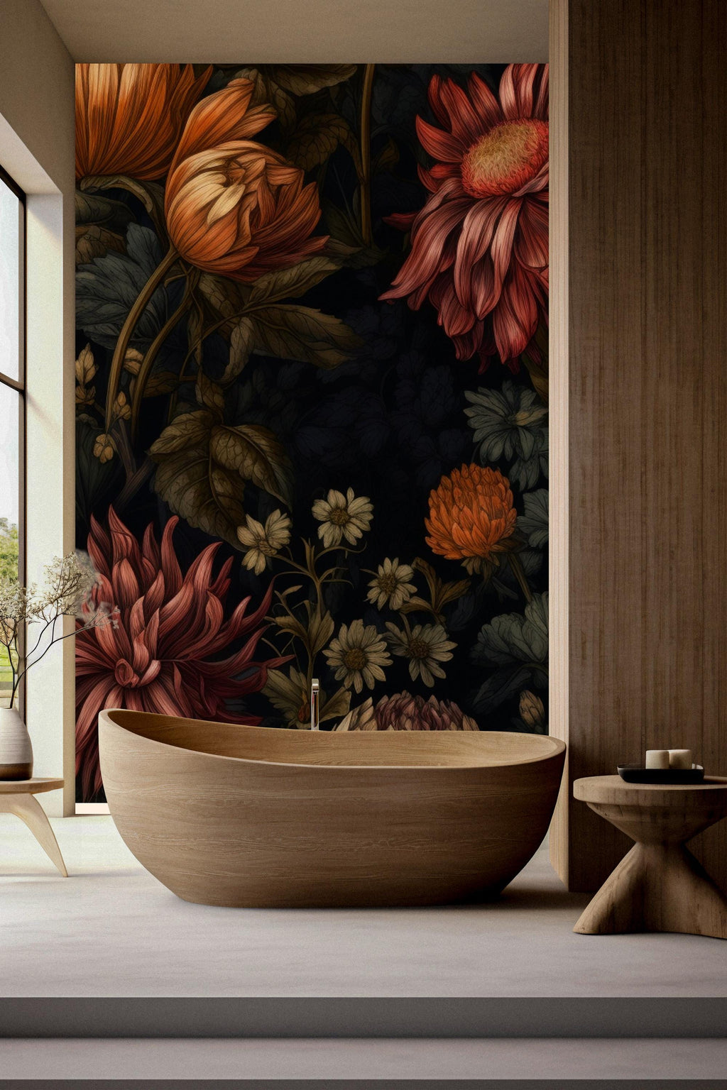 Dark Floral Wallpaper Mural: Abstract Peony, Bold Boho Decor - View 6