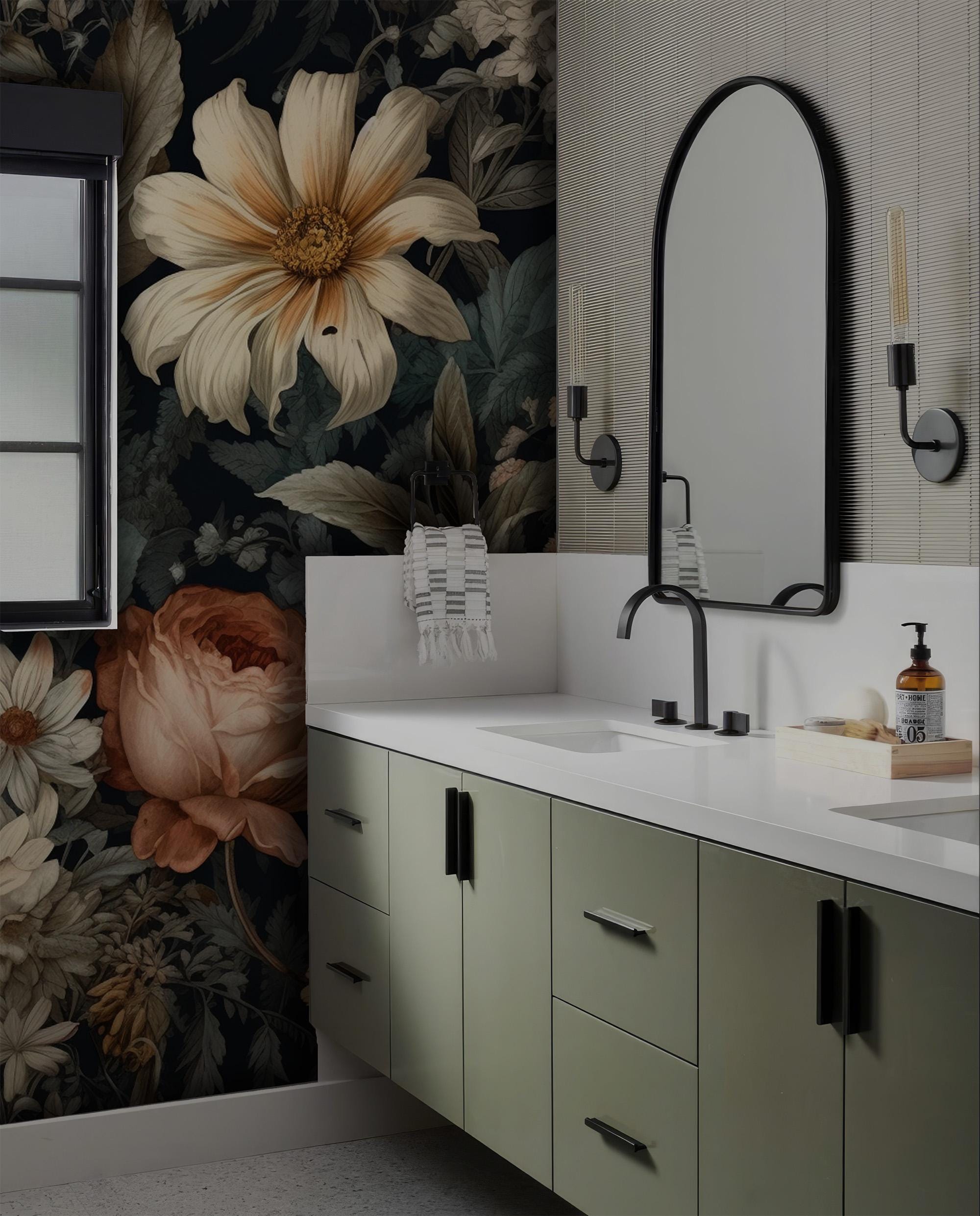 Dark Floral Peel and Stick Wall Mural, Peony Wallpaper - View 2
