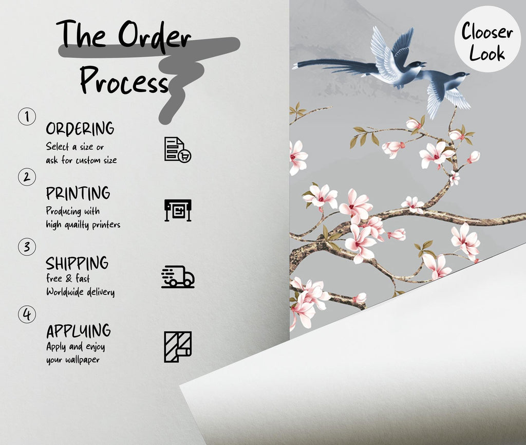 Cherry Blossom Wall Mural: Vintage Chinoiserie Floral Wallpaper (Peel and Stick) - View 6
