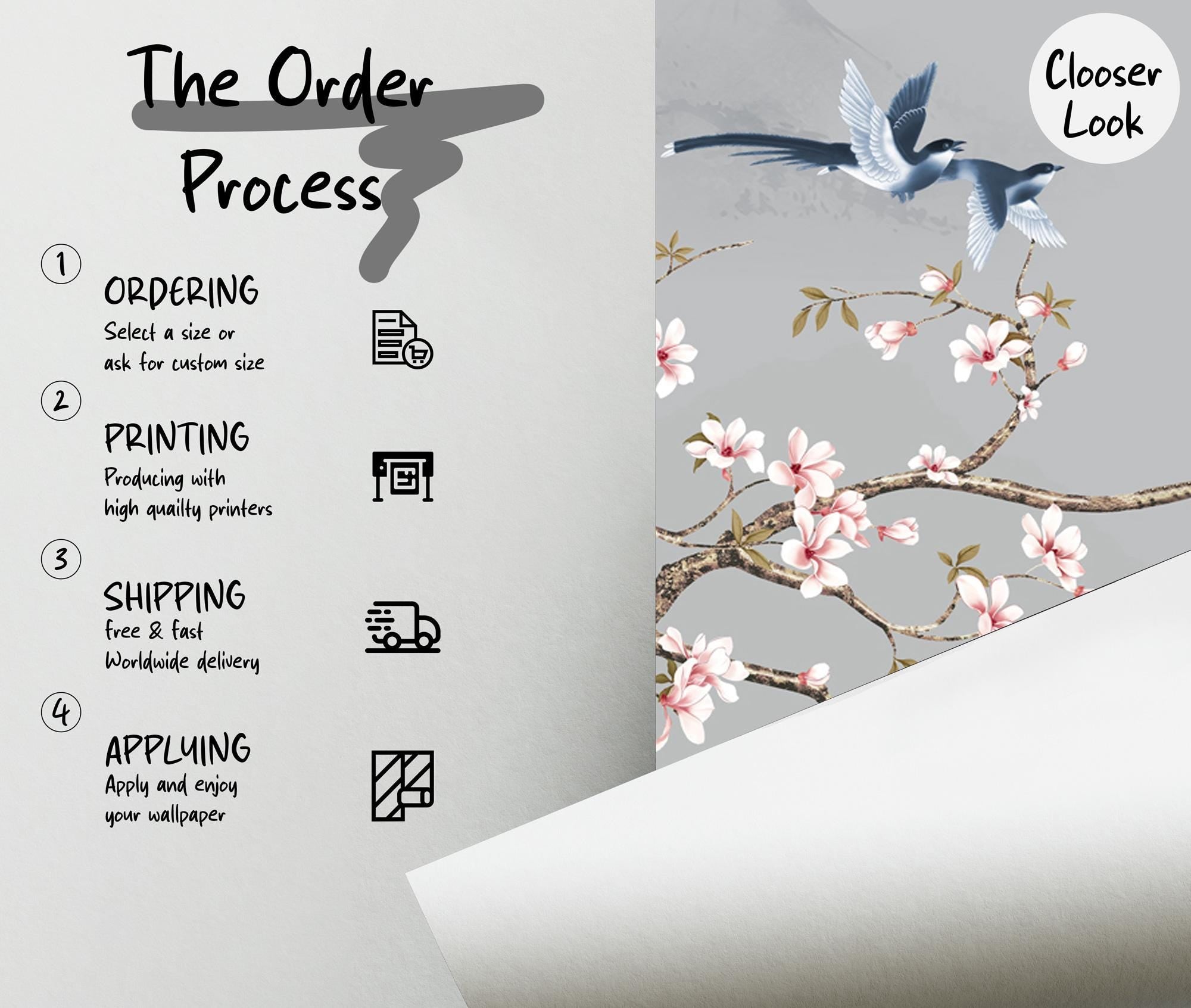 Cherry Blossom Wall Mural: Vintage Chinoiserie Floral Wallpaper (Peel and Stick) - View 6