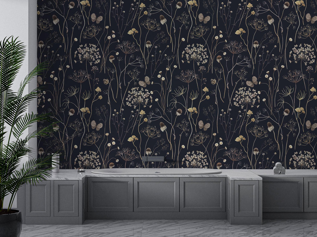Dark Floral Wallpaper: Gold Wildflowers and Butterflies, Vintage Wall Mural - View 4