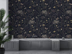Dark Floral Wallpaper: Gold Wildflowers and Butterflies, Vintage Wall Mural - View 4