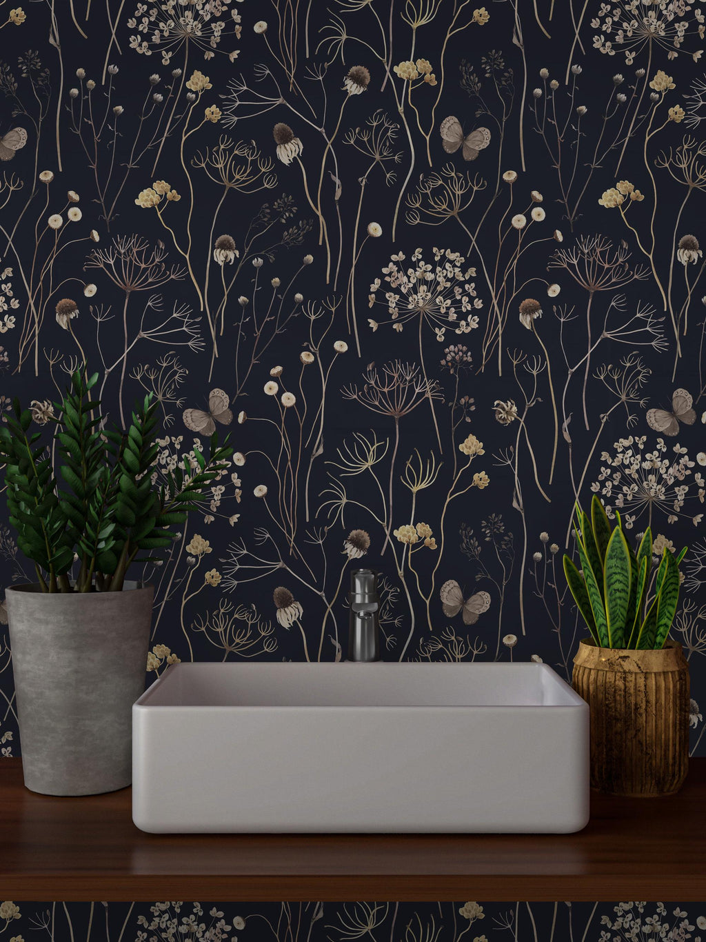 Dark Floral Wallpaper: Gold Wildflowers and Butterflies, Vintage Wall Mural - View 2