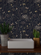 Dark Floral Wallpaper: Gold Wildflowers and Butterflies, Vintage Wall Mural - View 2