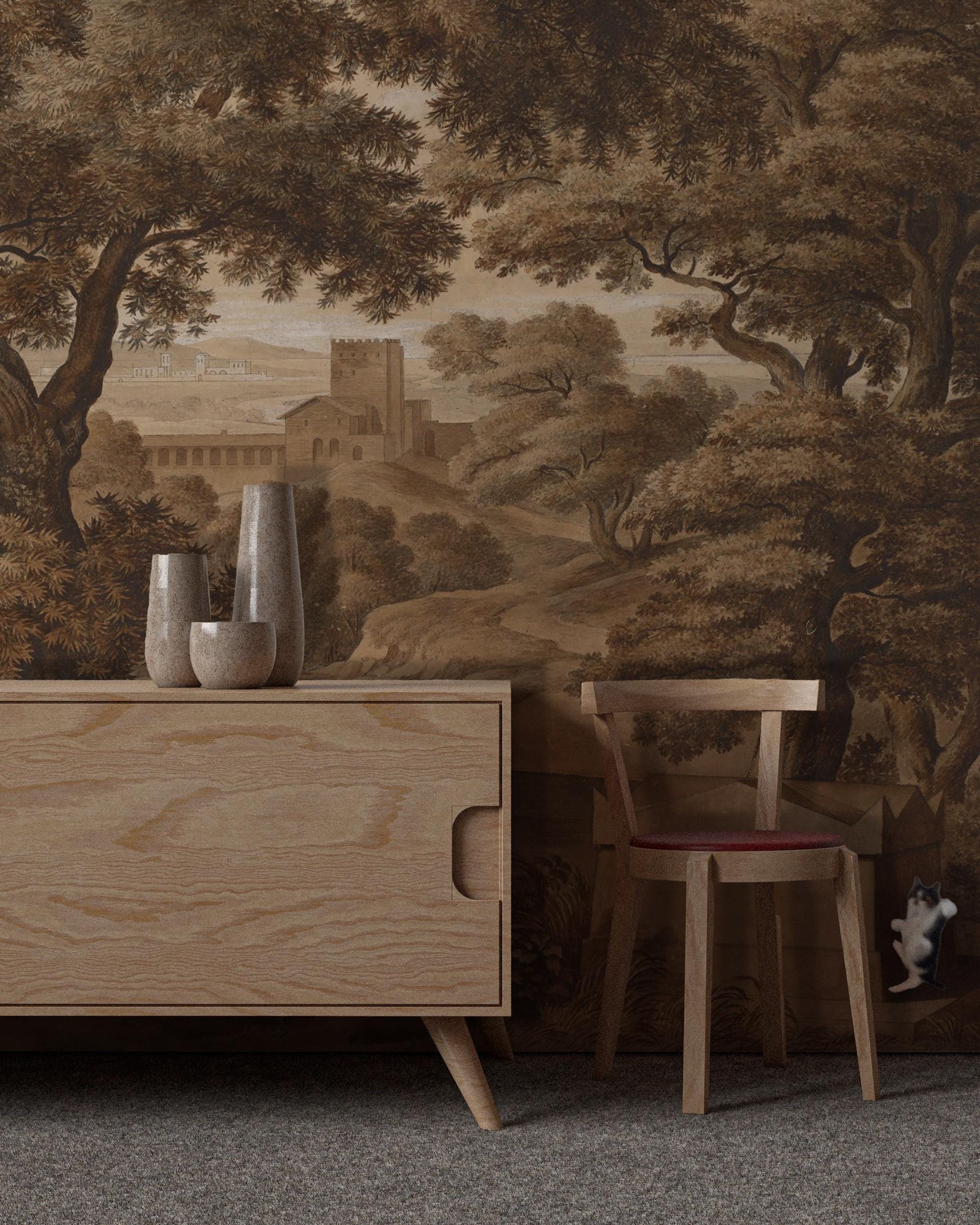 Vintage Scenic Landscape Wallpaper Mural: Ancient Countryside Peel and Stick - View 2