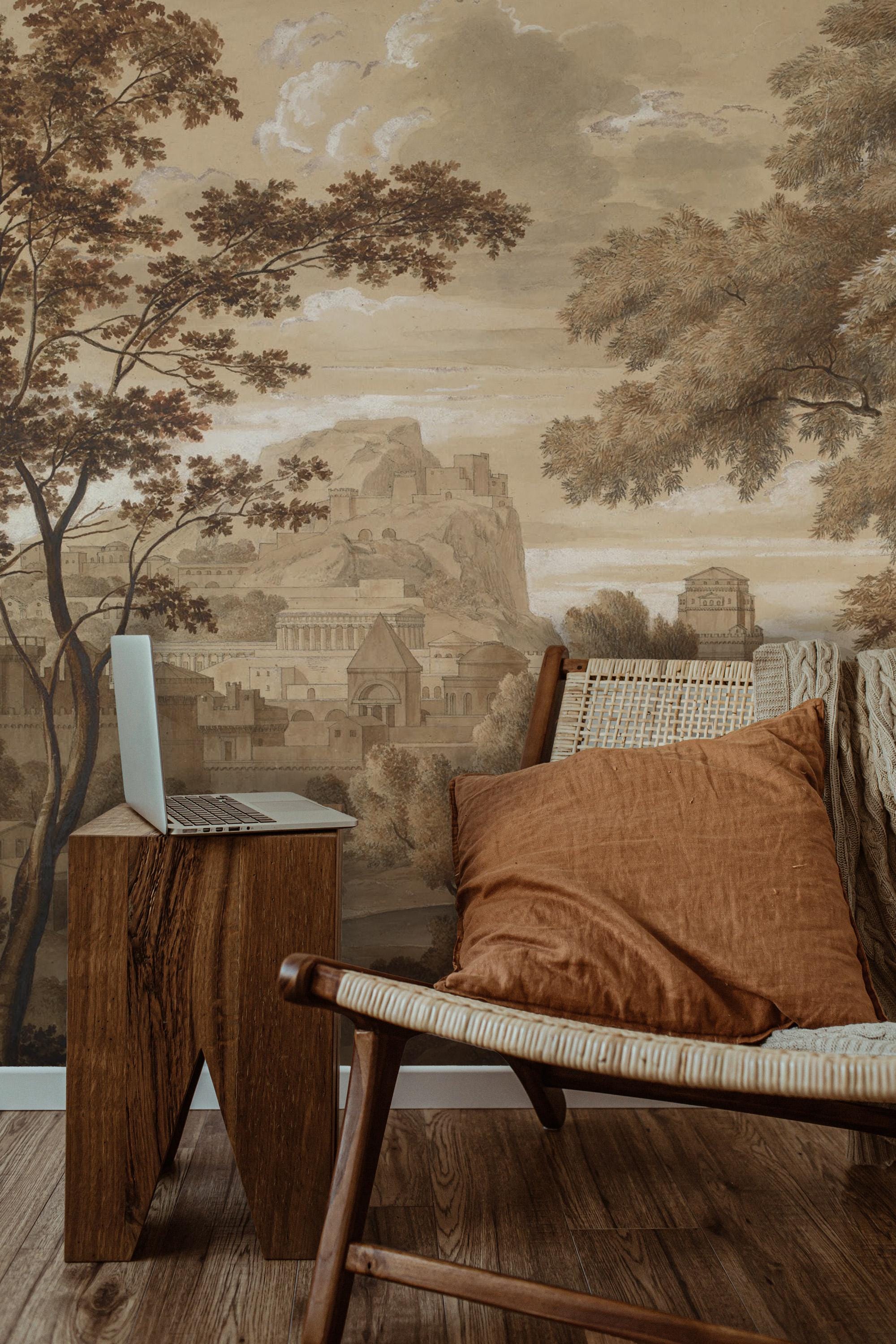 Vintage Scenic Landscape Wallpaper Mural: Ancient Countryside Peel and Stick - View 4
