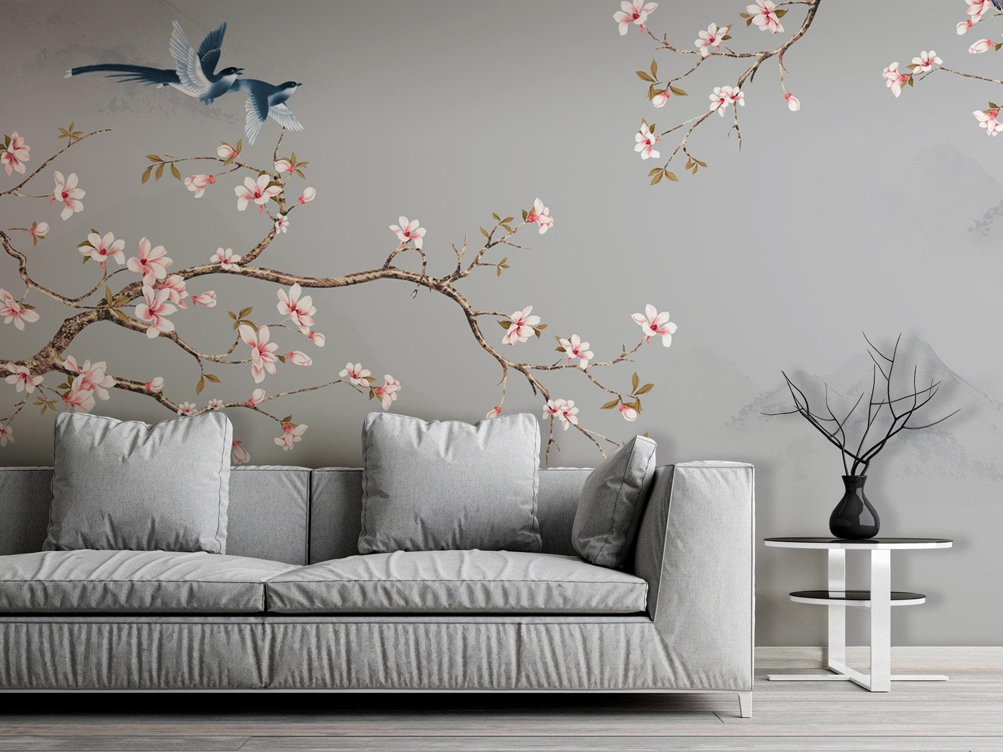Cherry Blossom Wall Mural: Vintage Chinoiserie Floral Wallpaper (Peel and Stick) - View 2