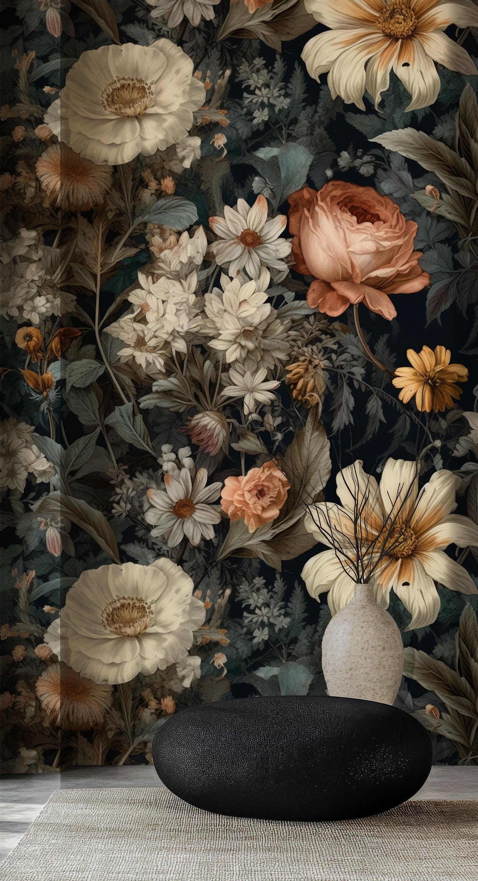 Dark Floral Peel and Stick Wall Mural, Peony Wallpaper - View 3
