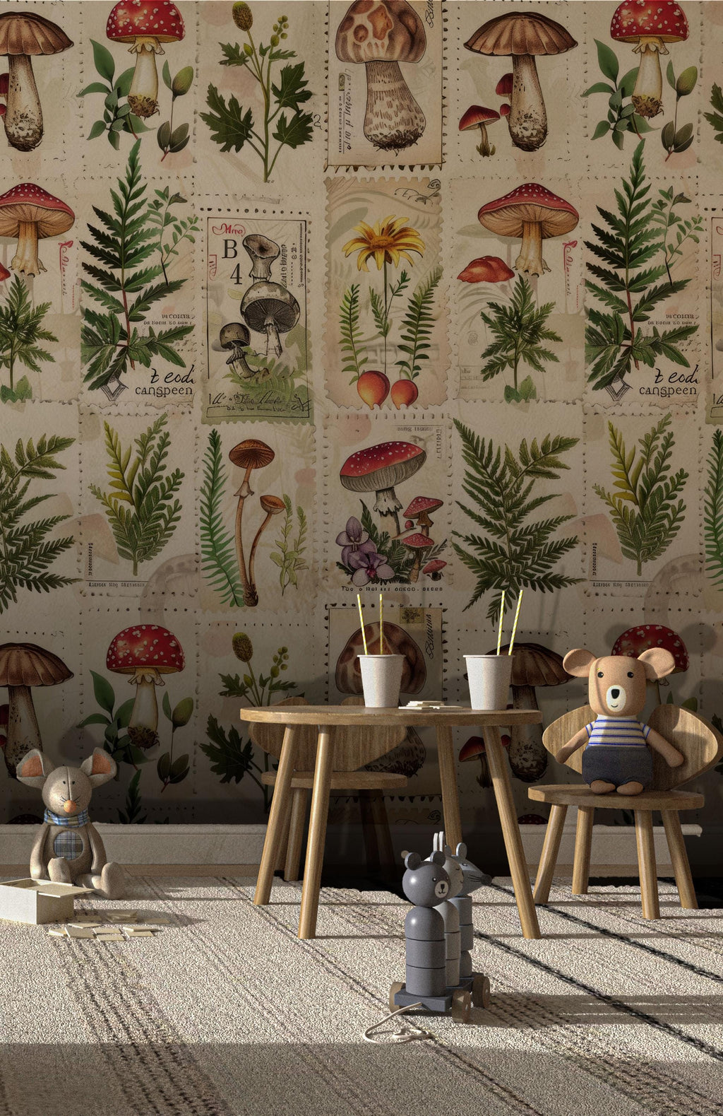 Mushroom Botanical Wallpaper: Beige Secret Garden Peel and Stick - View 2