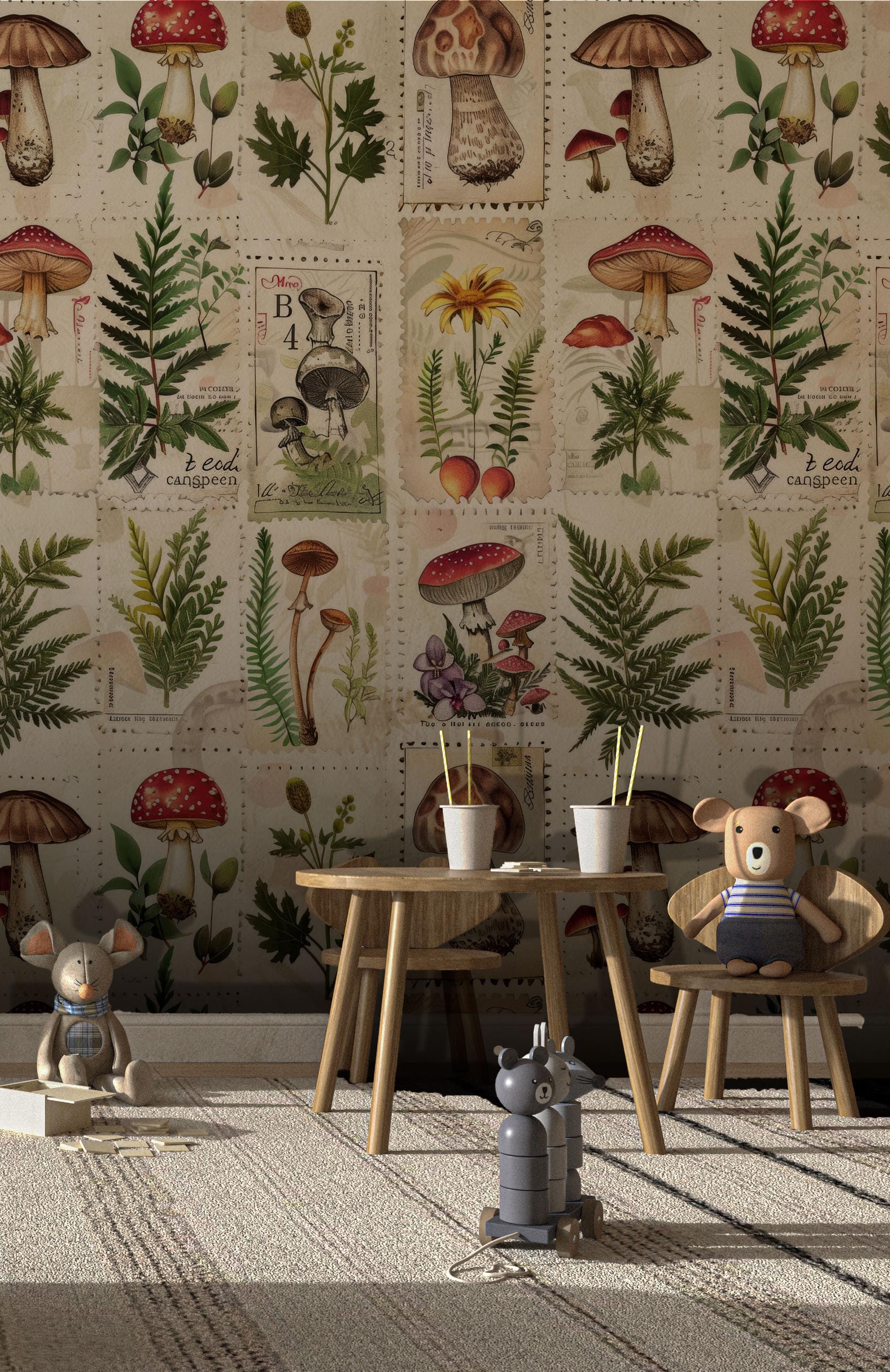 Mushroom Botanical Wallpaper: Beige Secret Garden Peel and Stick - View 2