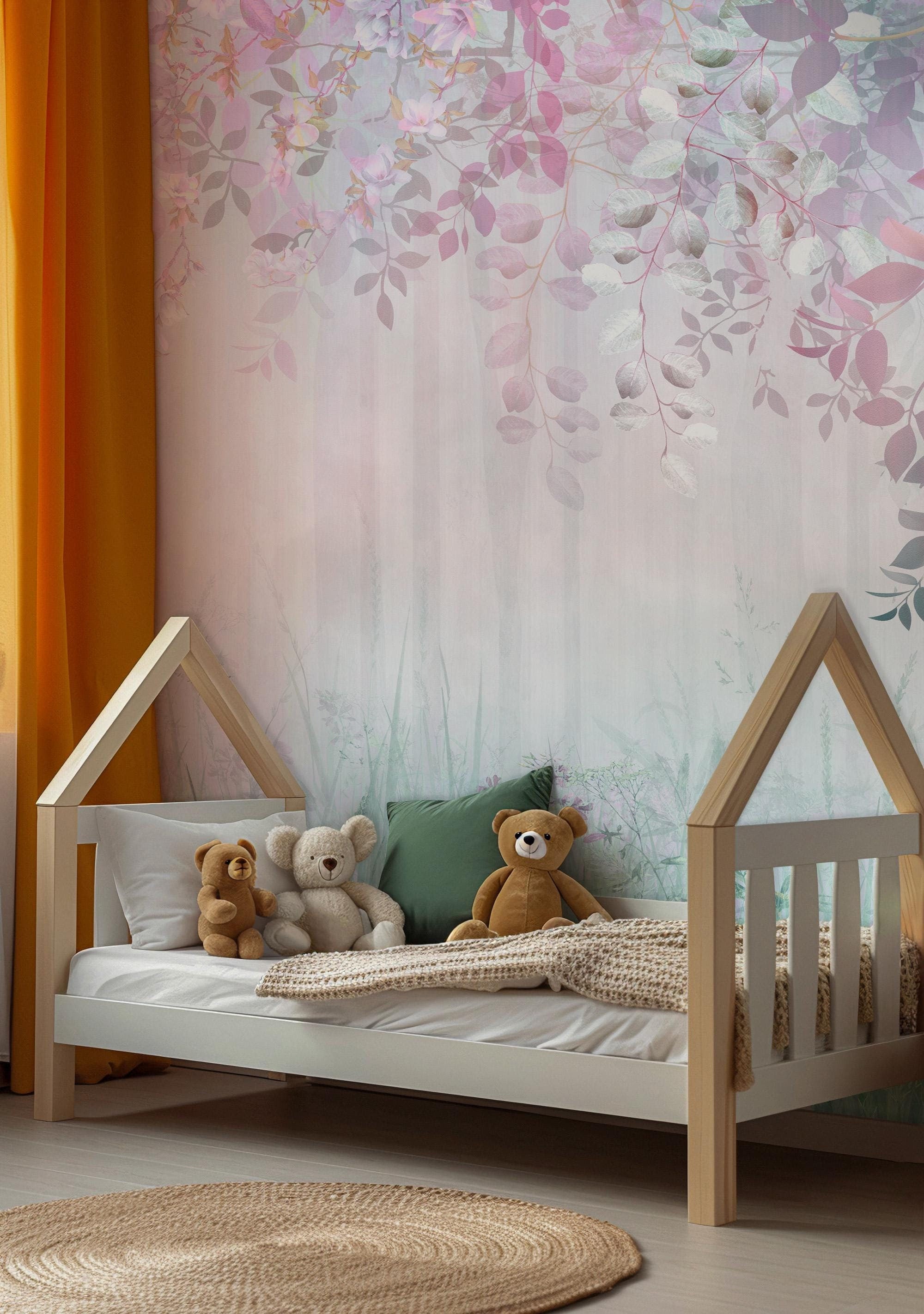 Soft Pastel Floral Wallpaper Mural: Whimsical Kids' Room Decor, Peel and Stick - View 3