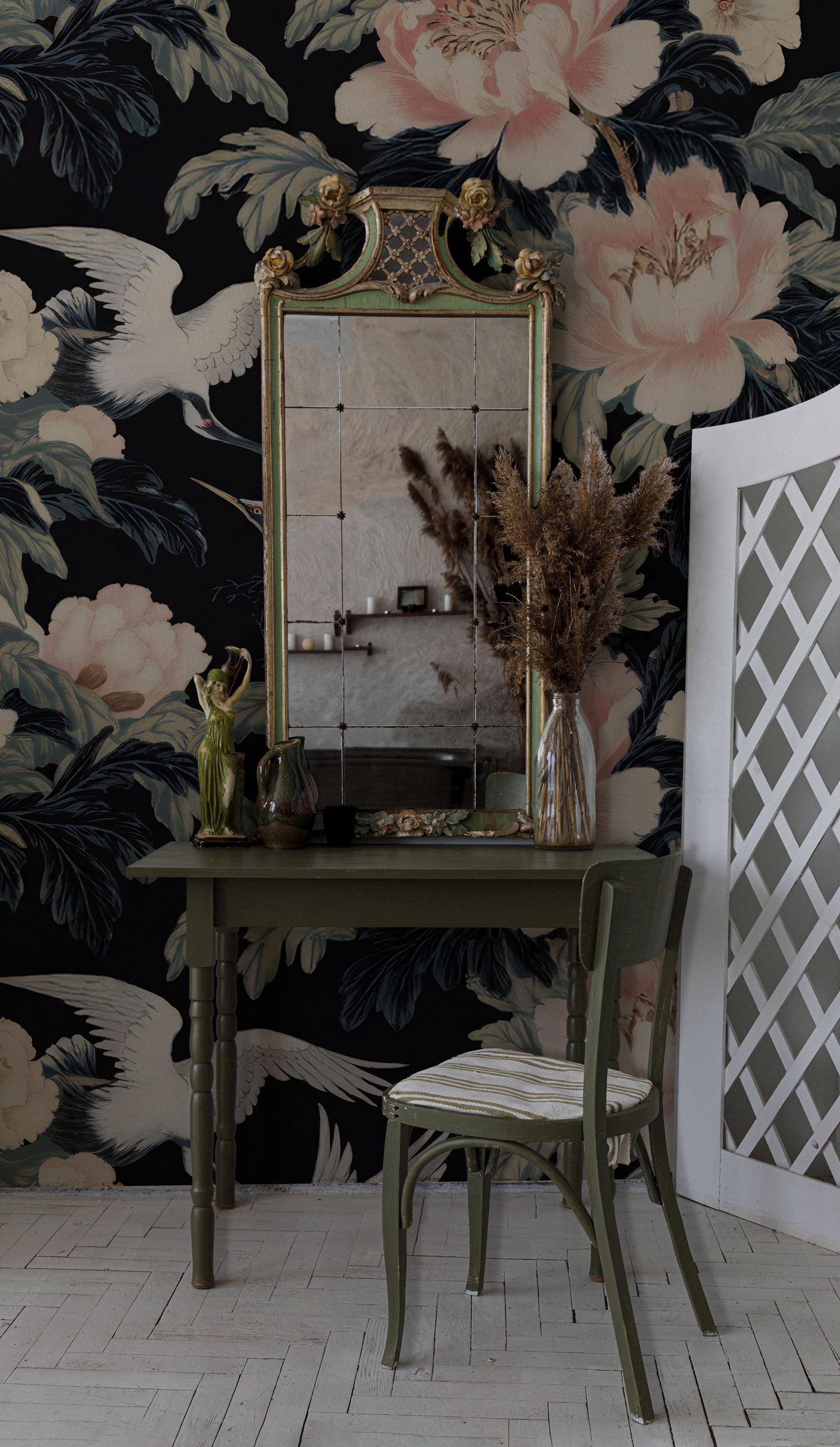Crane & Floral Peel and Stick Wallpaper: Removable Wall Mural - View 4