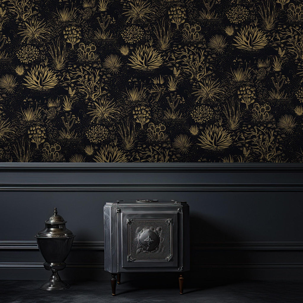 Black and Gold Flowers Wallpaper, Floral Peel and Stick