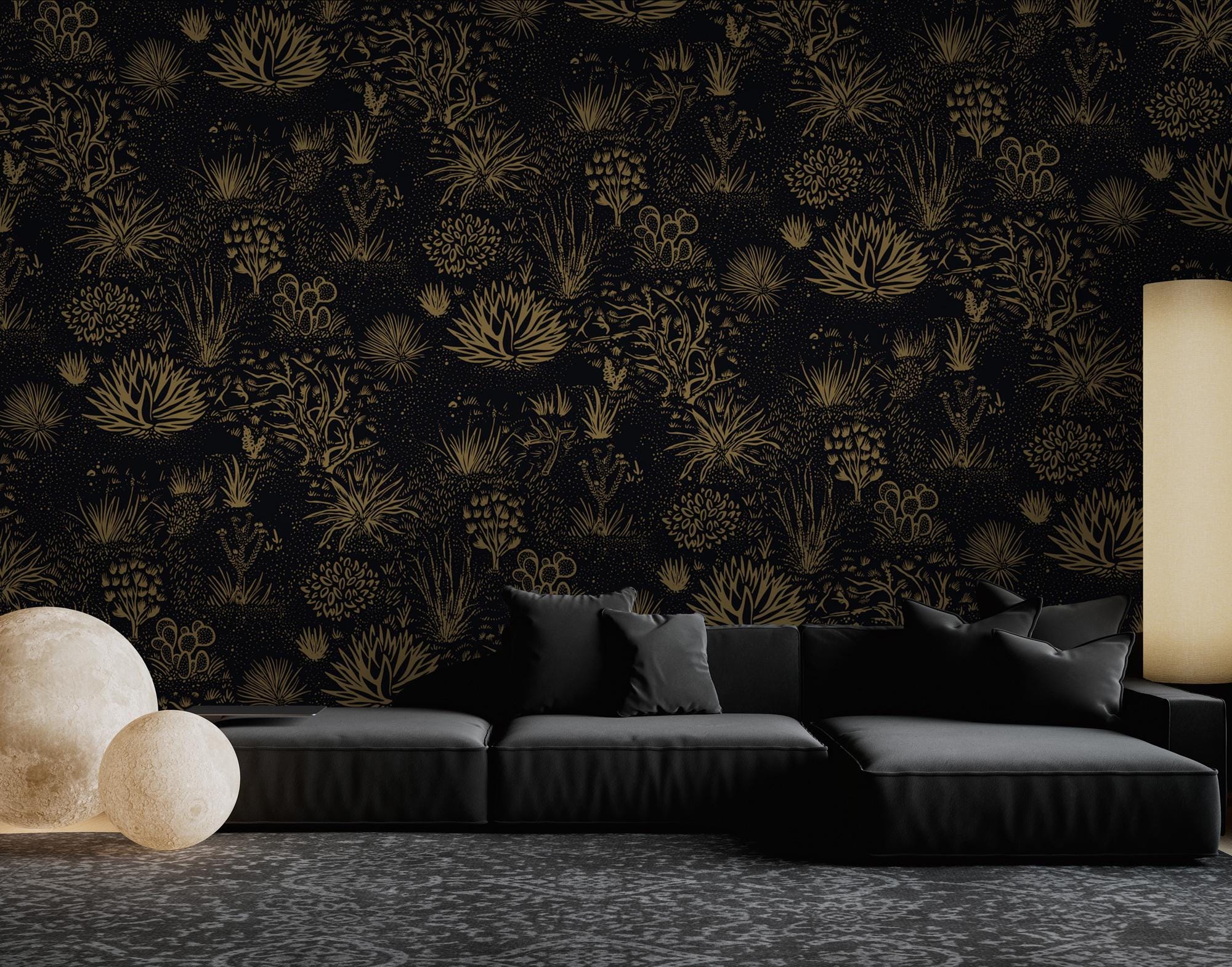 Black and Gold Flowers Wallpaper, Floral Peel and Stick - View 3