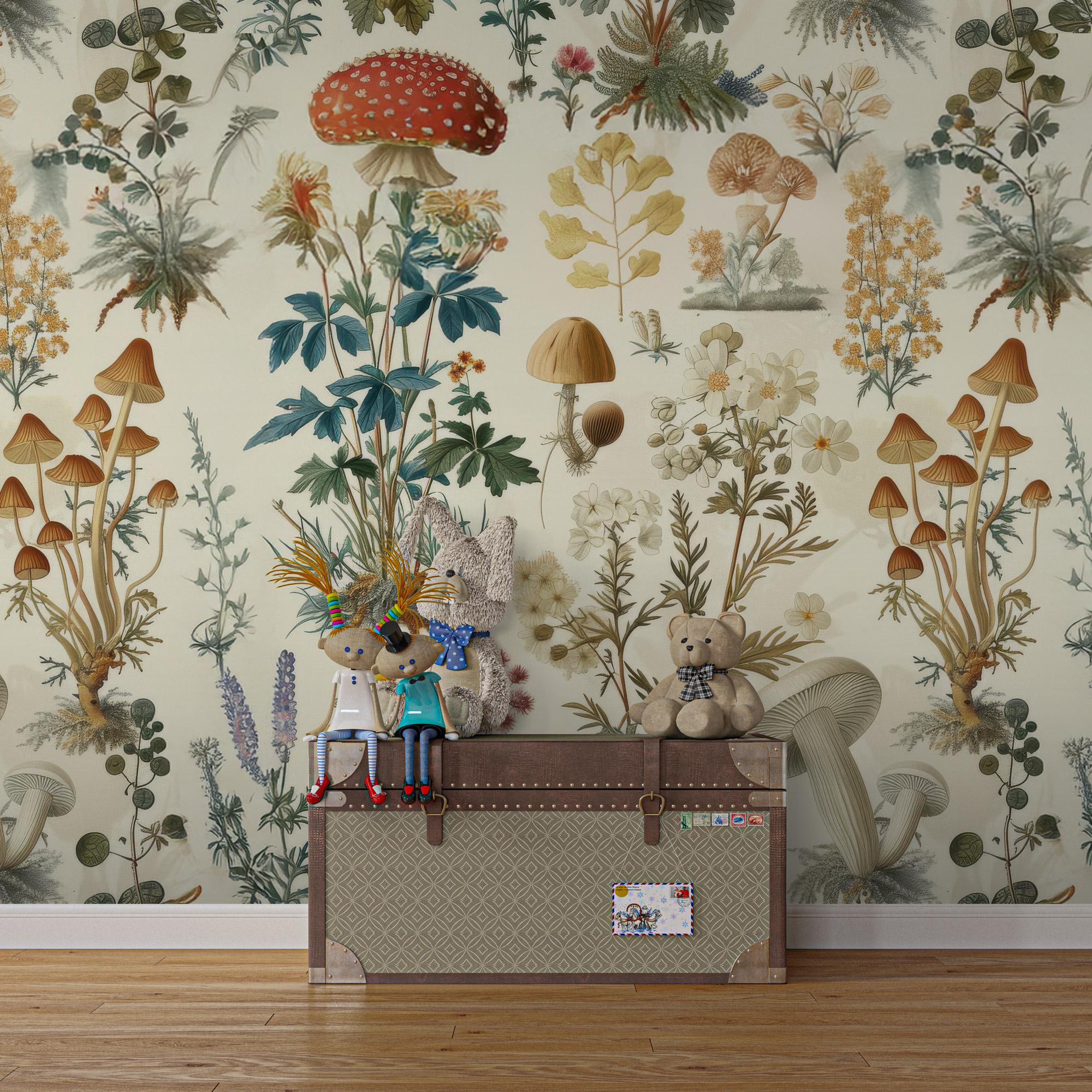 Mushroom Botanical Wallpaper: Secret Garden Peel and Stick Wall Mural