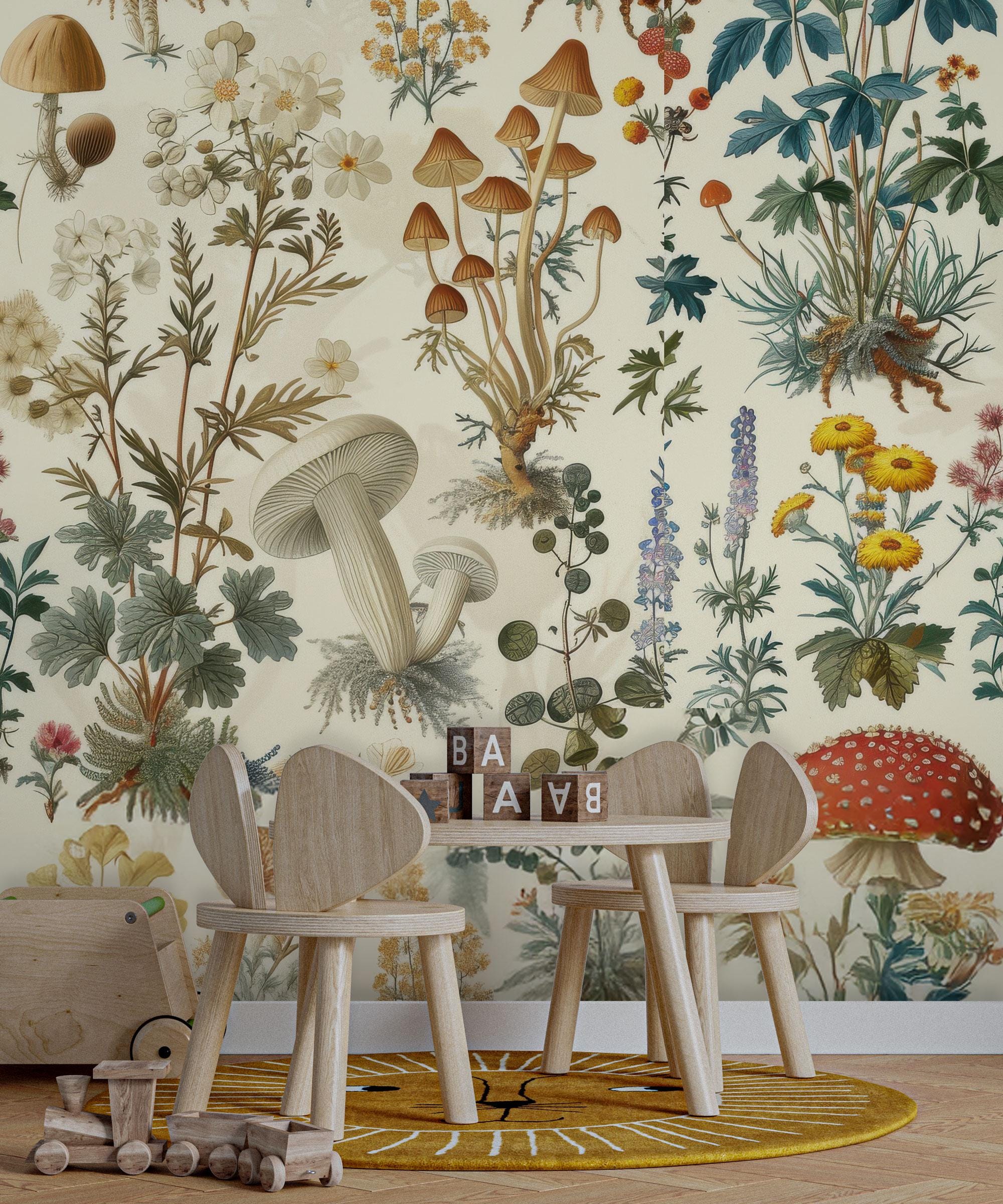 Mushroom Botanical Wallpaper: Secret Garden Peel and Stick Wall Mural - View 5