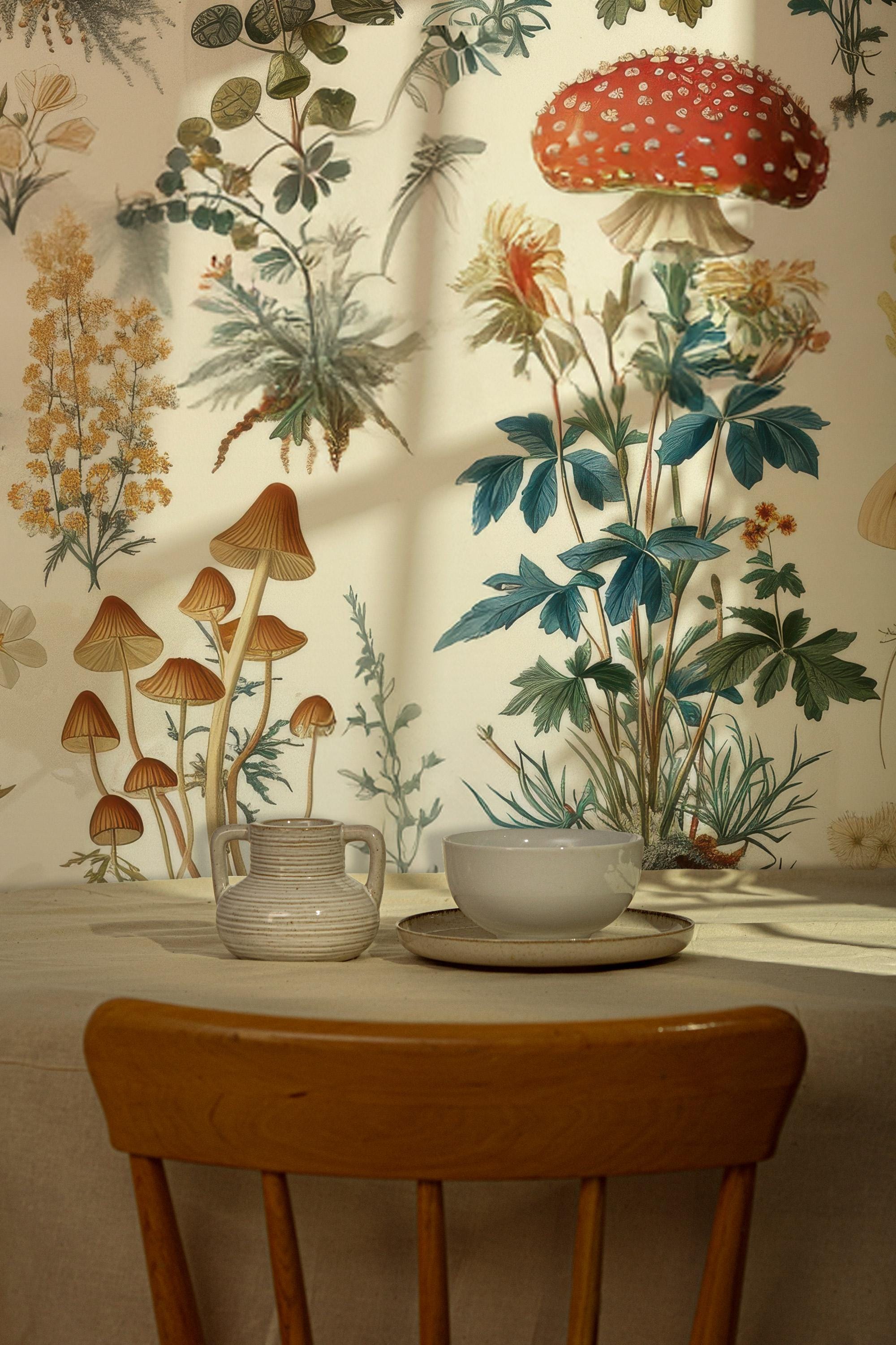 Mushroom Botanical Wallpaper: Secret Garden Peel and Stick Wall Mural - View 3