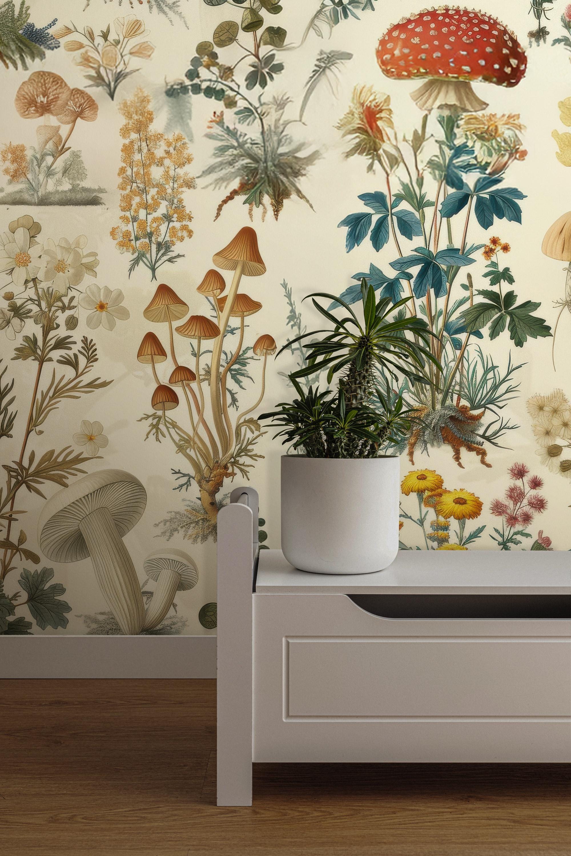 Mushroom Botanical Wallpaper: Secret Garden Peel and Stick Wall Mural - View 2