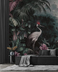 Jungle Crane Wallpaper Mural: Dark Tropical Wall Art, Elegant Interiors