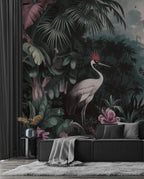 Jungle Crane Wallpaper Mural: Dark Tropical Wall Art, Elegant Interiors