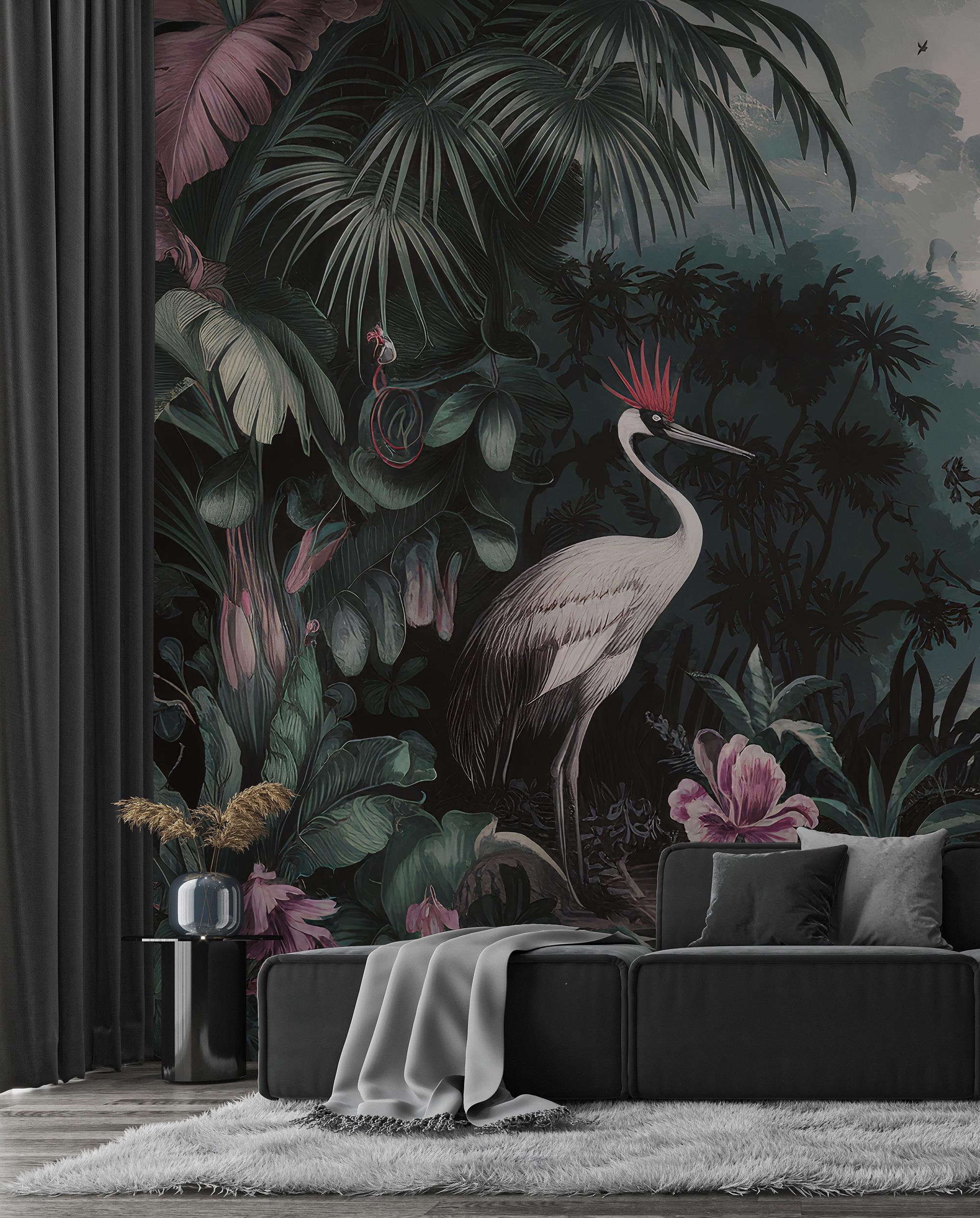 Jungle Crane Wallpaper Mural: Dark Tropical Wall Art, Elegant Interiors