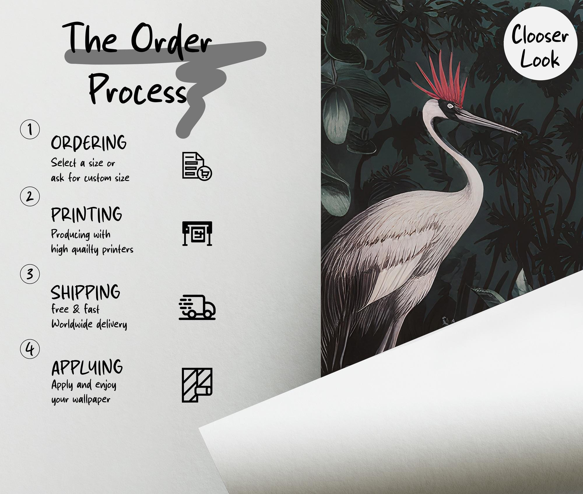 Jungle Crane Wallpaper Mural: Dark Tropical Wall Art, Elegant Interiors - View 7