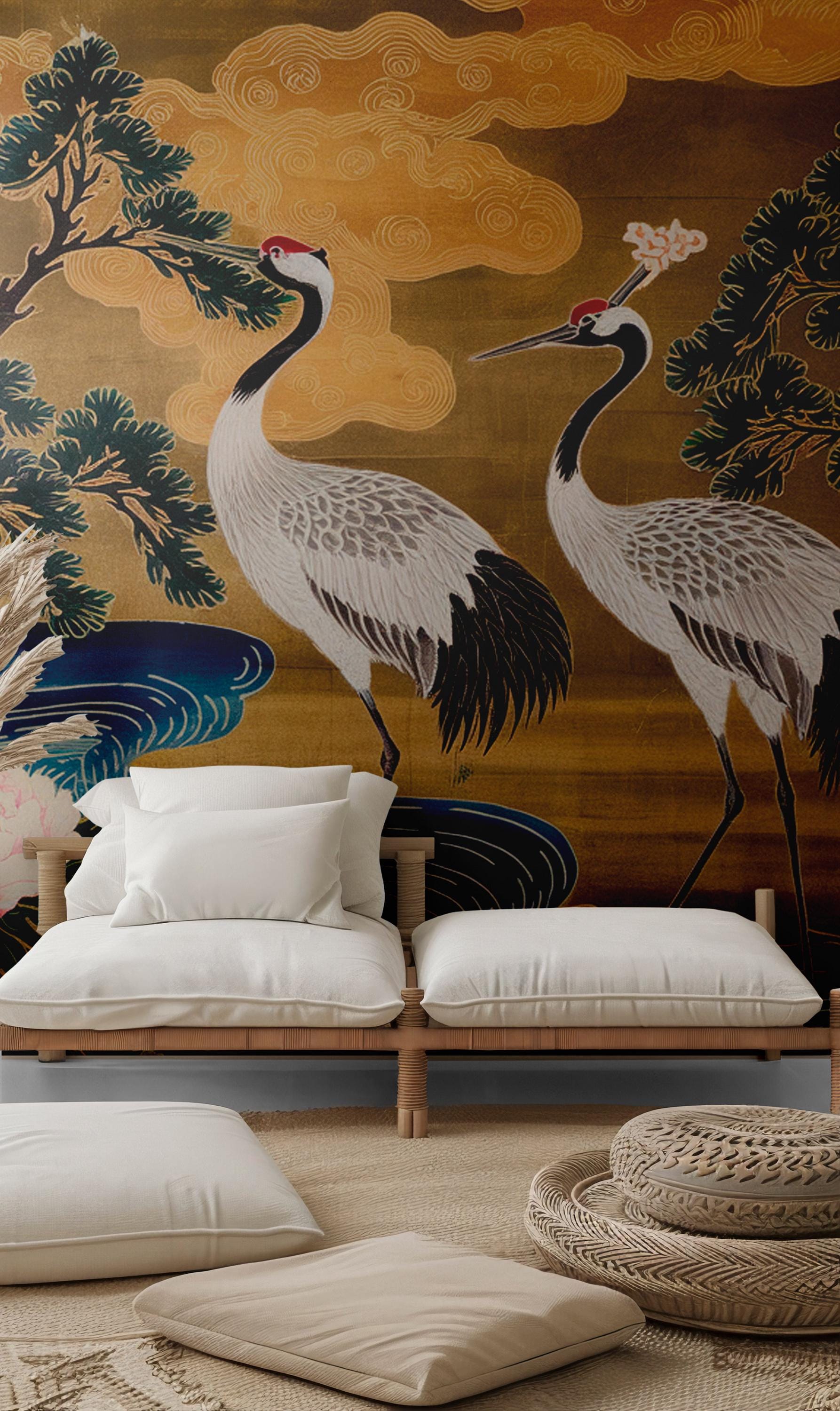 Chinoiserie Crane Wallpaper: Vintage Japanese Birds Wall Mural - View 4