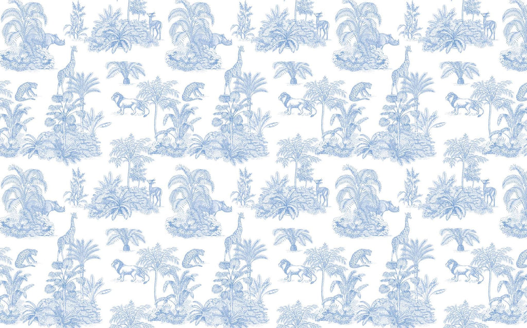 Blue Safari Toile Wallpaper: Jungle Animal Wall Mural - View 6
