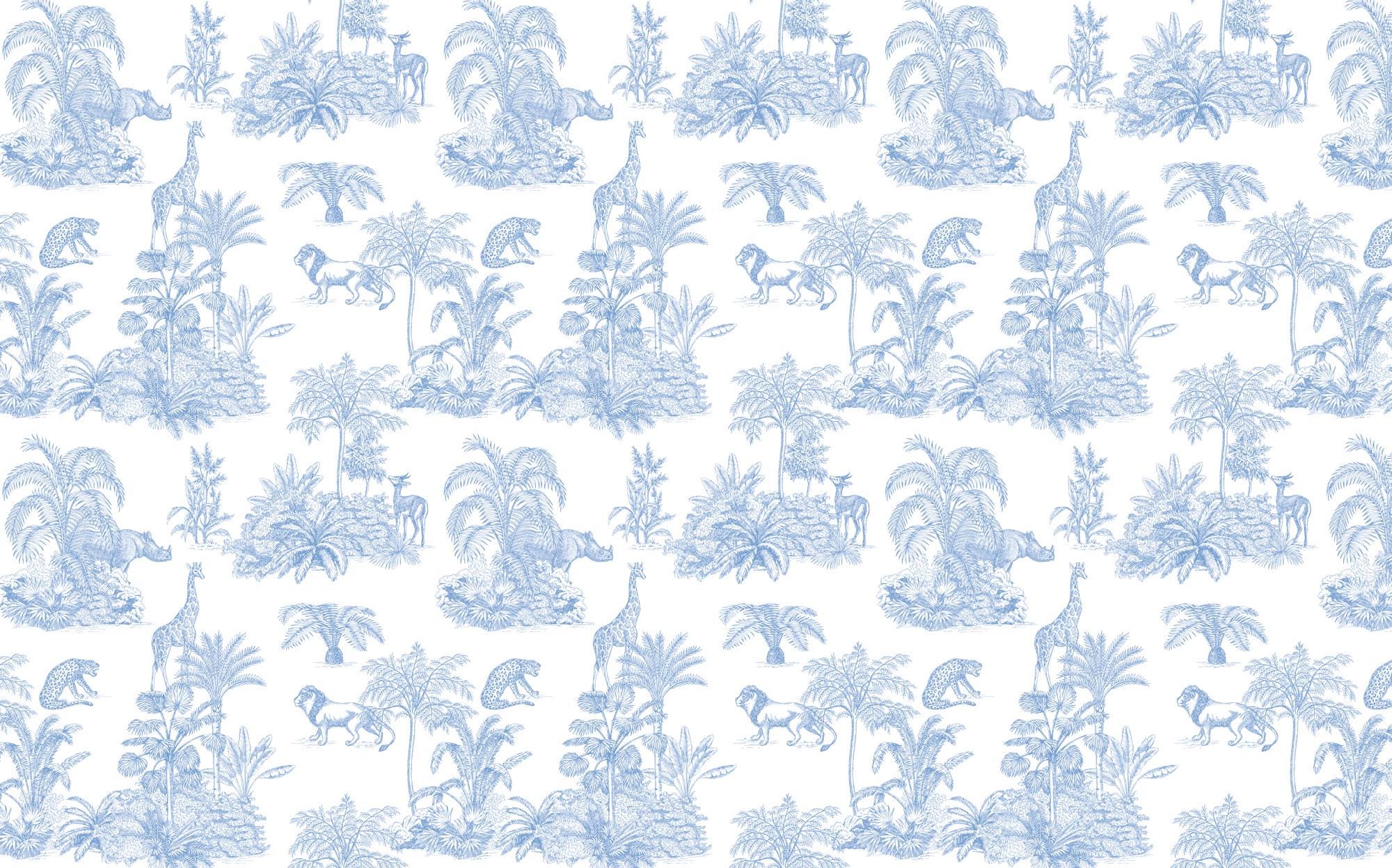 Blue Safari Toile Wallpaper: Jungle Animal Wall Mural - View 6
