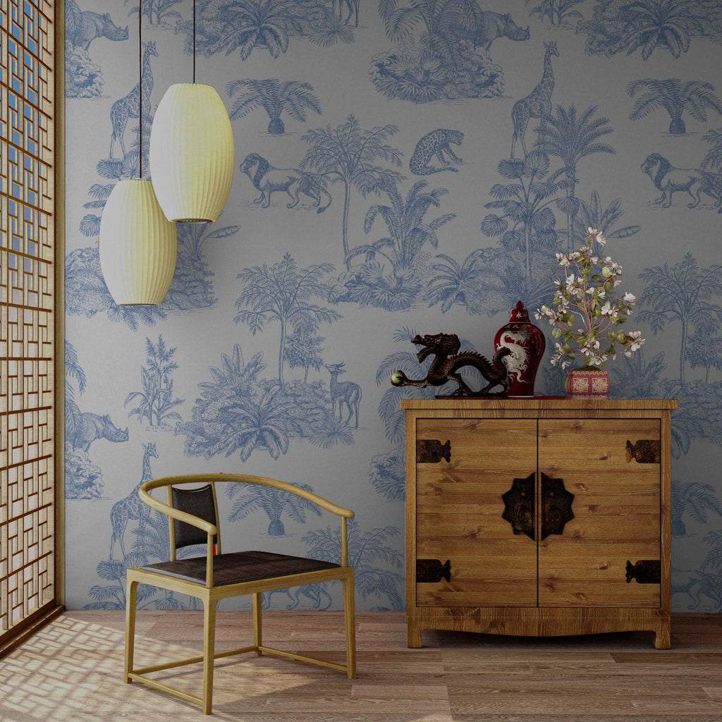 Blue Safari Toile Wallpaper: Jungle Animal Wall Mural - View 7