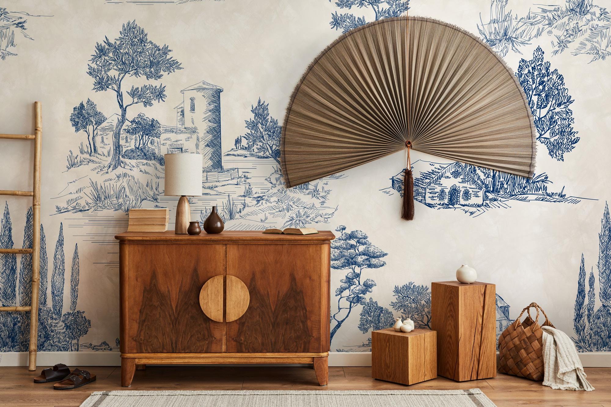Blue Toile Farmhouse Wallpaper: Cottage Peel and Stick Decor - View 3