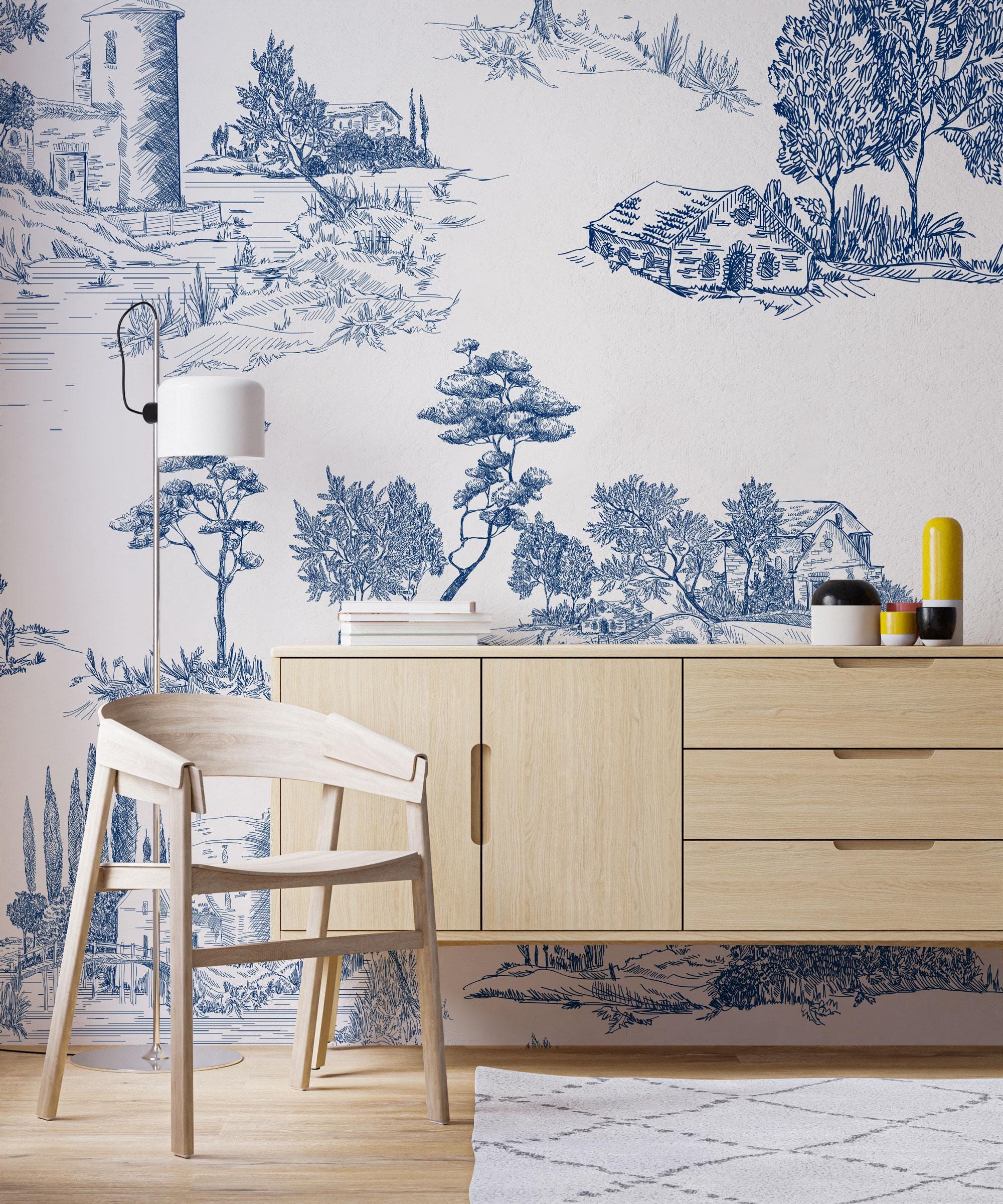 Blue Toile Farmhouse Wallpaper: Cottage Peel and Stick Decor - View 5