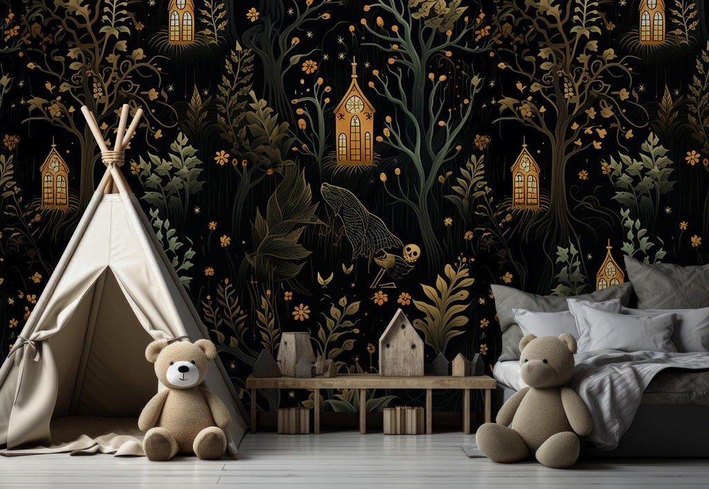 Gothic Haunted Forest Wallpaper: Spooky Skull Church Mural - View 4