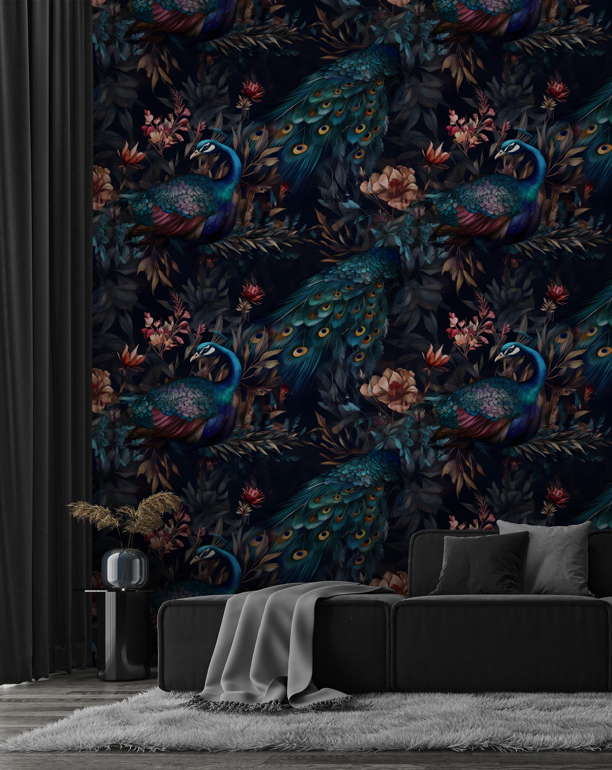 Peacock Wallpaper: Vintage Floral Mural, Moody Interior Decor, Peel & Stick - View 5