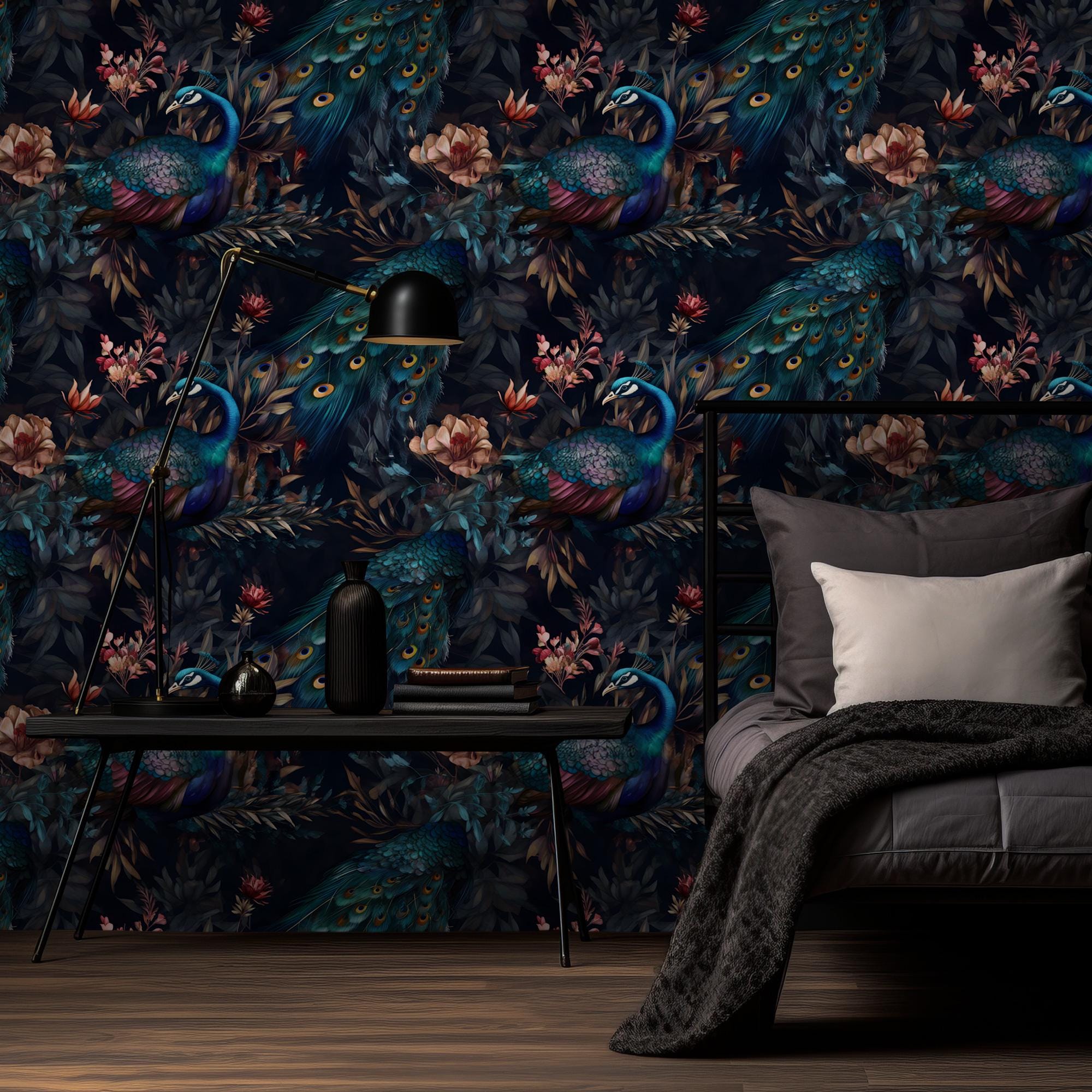 Peacock Wallpaper: Vintage Floral Mural, Moody Interior Decor, Peel & Stick - View 4