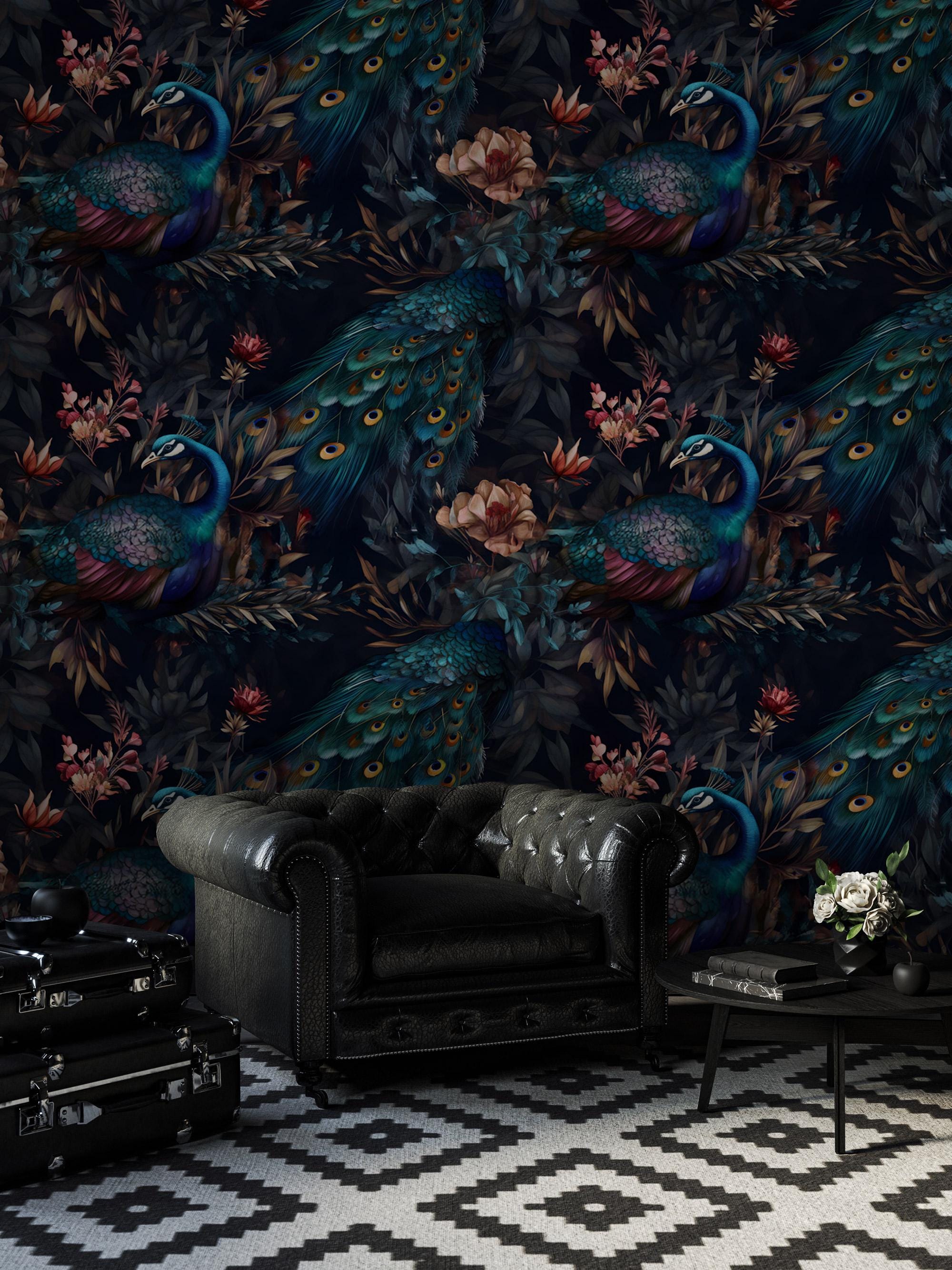 Peacock Wallpaper: Vintage Floral Mural, Moody Interior Decor, Peel & Stick
