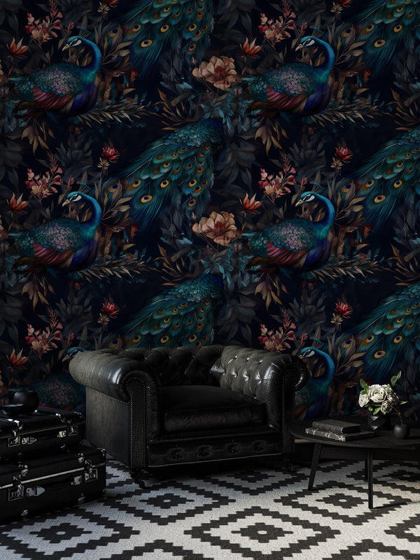 Peacock Wallpaper: Vintage Floral Mural, Moody Interior Decor, Peel & Stick