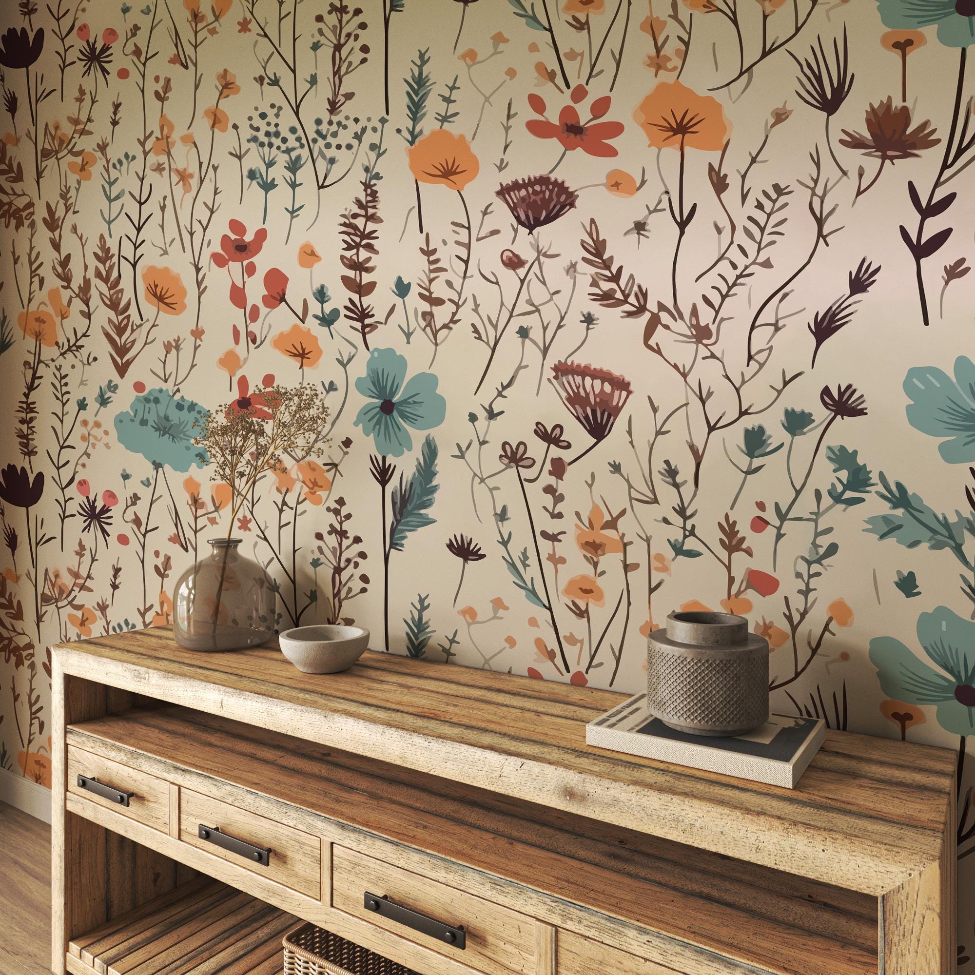 Floral Wallpaper Mural: Vintage Wildflower Pattern, Peel and Stick - View 2