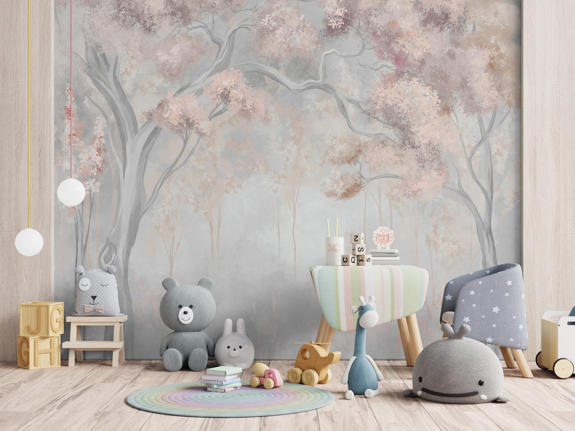 Watercolor Tree Wall Mural: Pastel Floral Peel and Stick Wallpaper - View 2