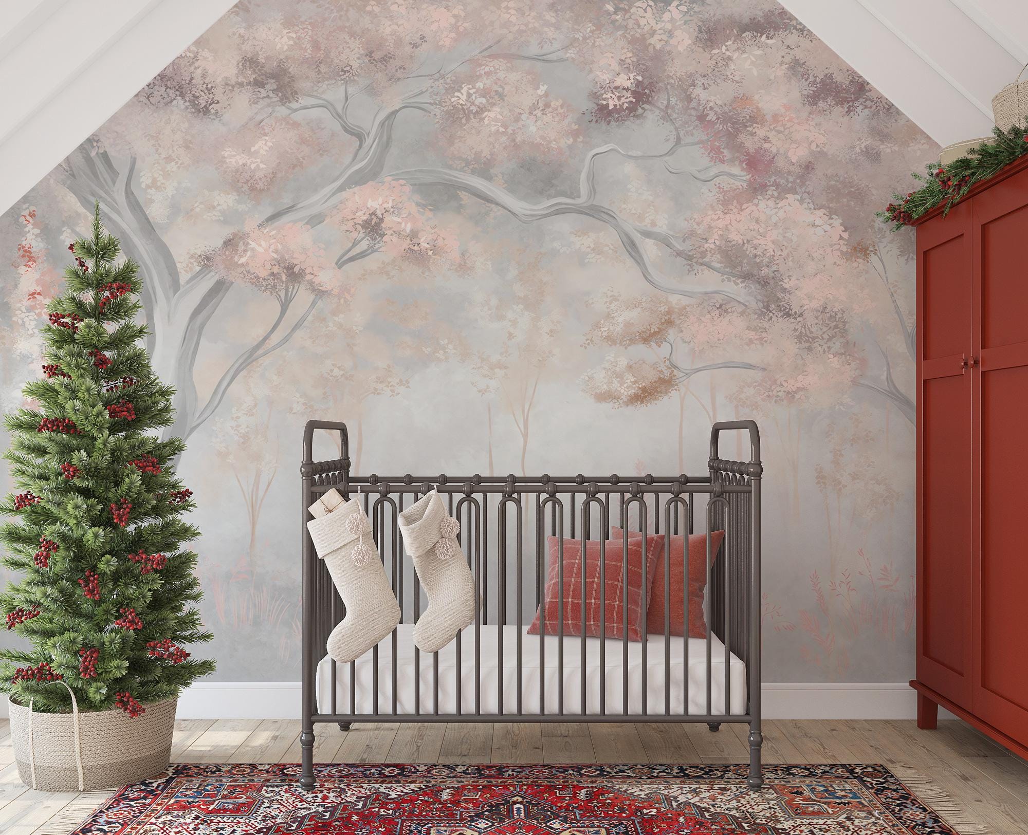 Watercolor Tree Wall Mural: Pastel Floral Peel and Stick Wallpaper - View 3