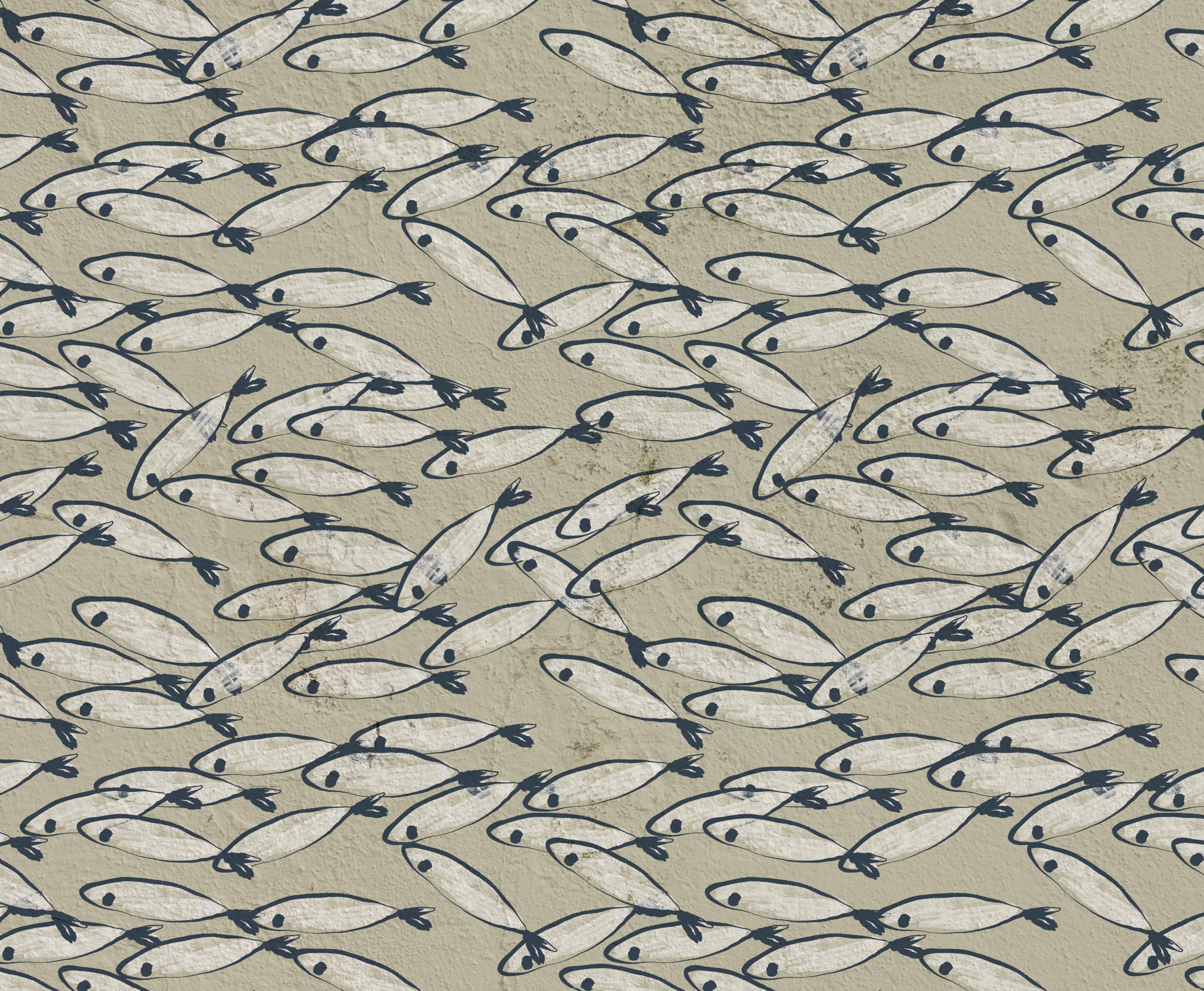Coastal Fish Wallpaper: Hand Drawn Nautical Peel and Stick Mural - View 4