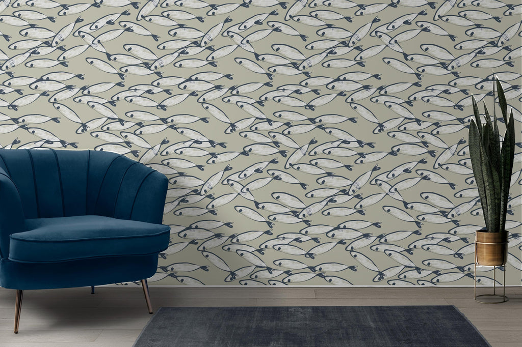 Coastal Fish Wallpaper: Hand Drawn Nautical Peel and Stick Mural - View 3